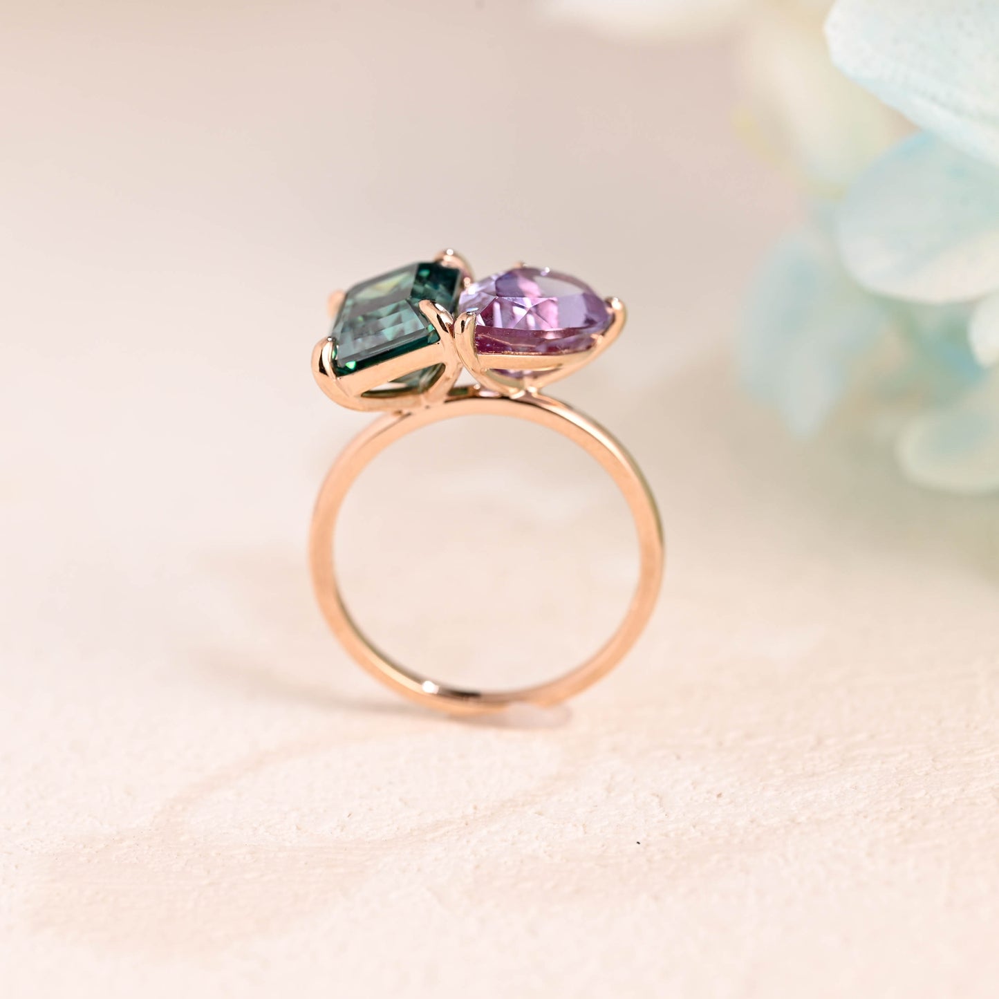 Solid Gold Toi Et Moi Emerald Cut Green Moissanite & Pear Cut Alexandrite Engagement Ring Hidden Halo