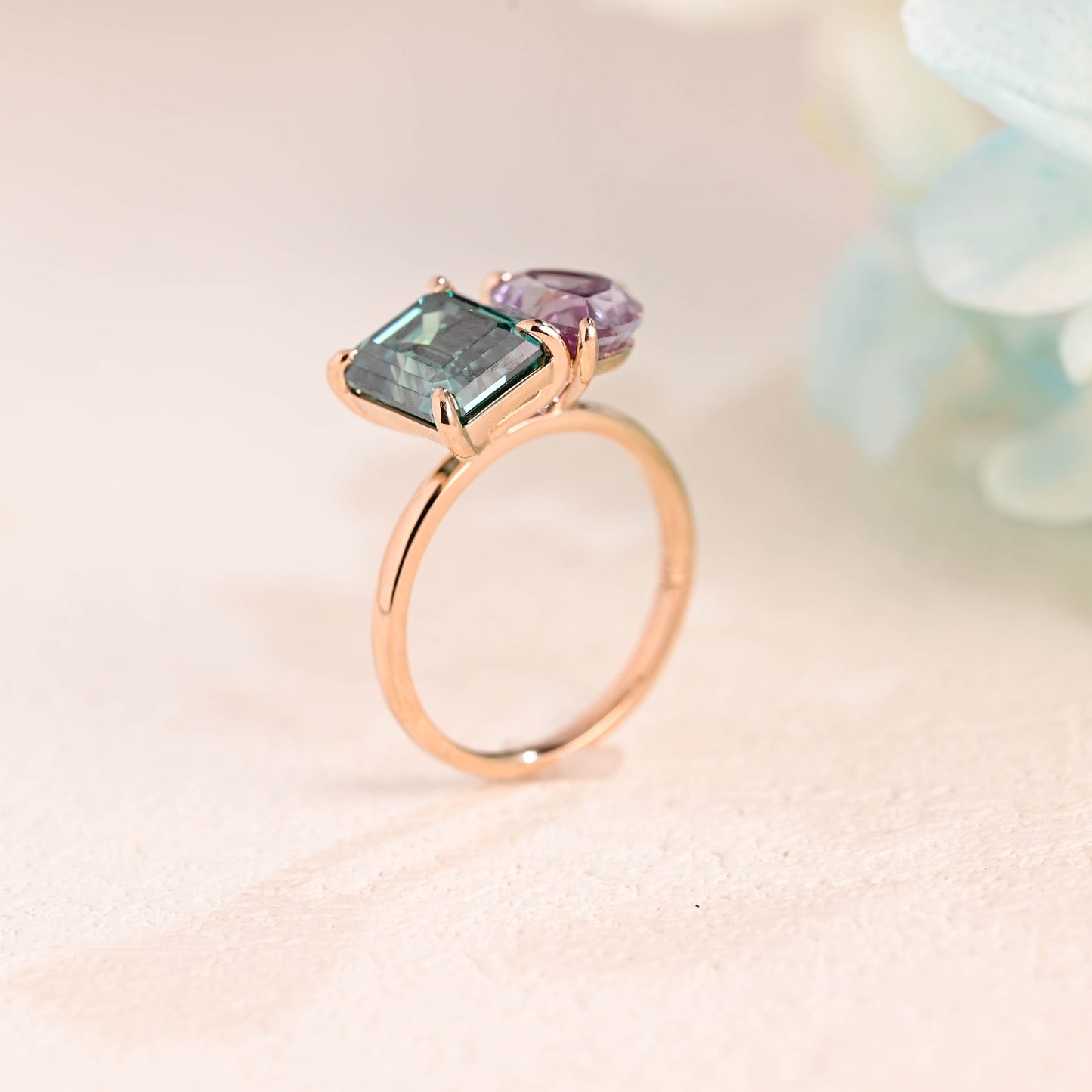 Solid Gold Toi Et Moi Emerald Cut Green Moissanite & Pear Cut Alexandrite Engagement Ring Hidden Halo