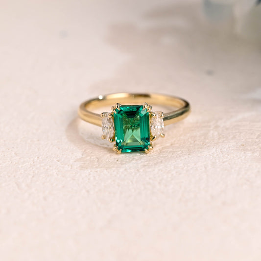 Solid Gold Lab Emerald Engagement Ring, Three Stone Ring