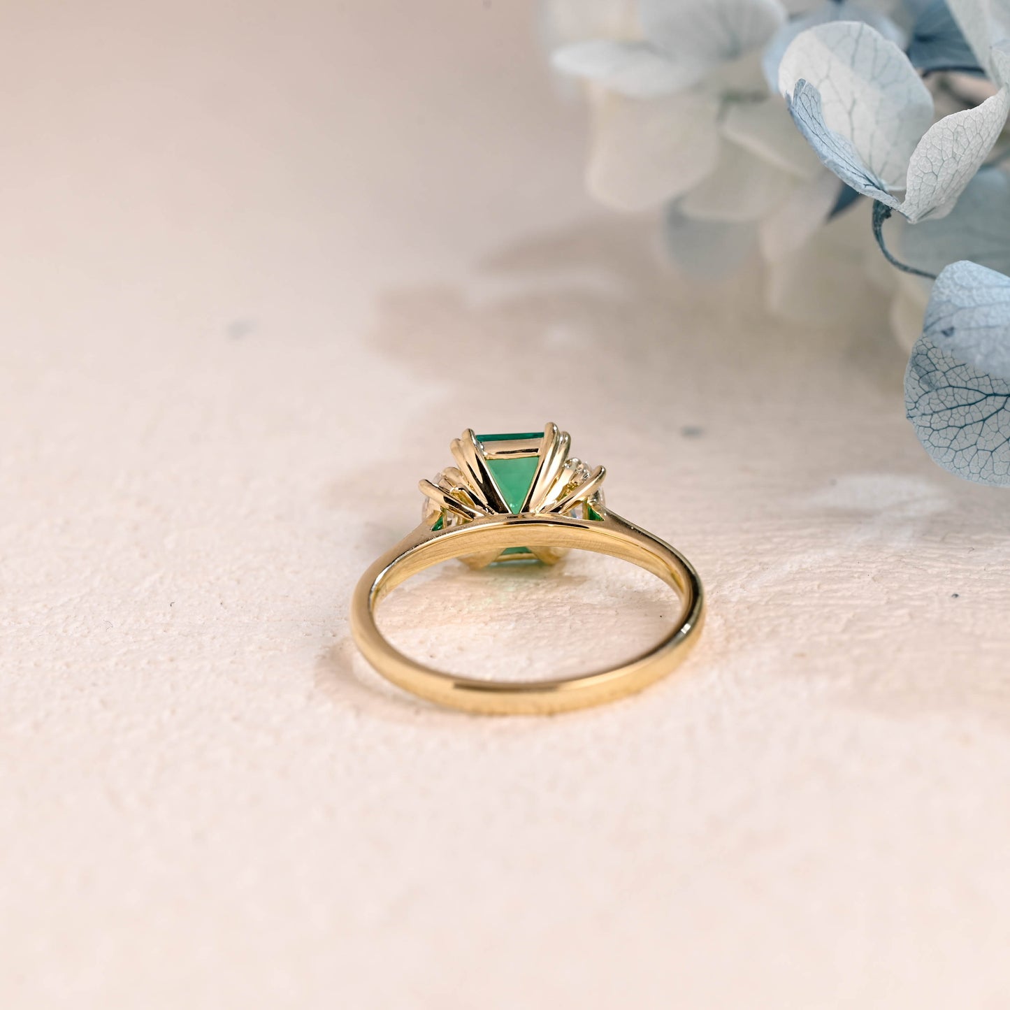 Solid Gold Lab Emerald Engagement Ring, Three Stone Ring