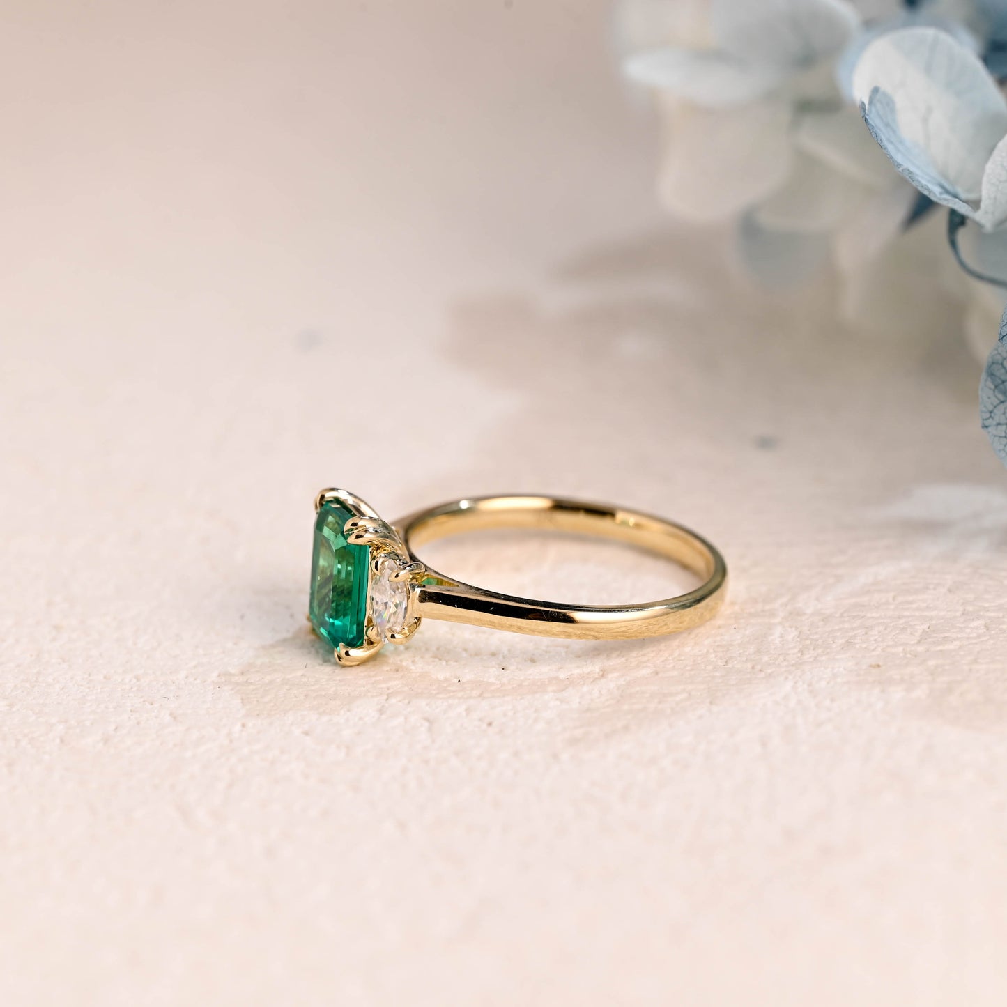 Solid Gold Lab Emerald Engagement Ring, Three Stone Ring