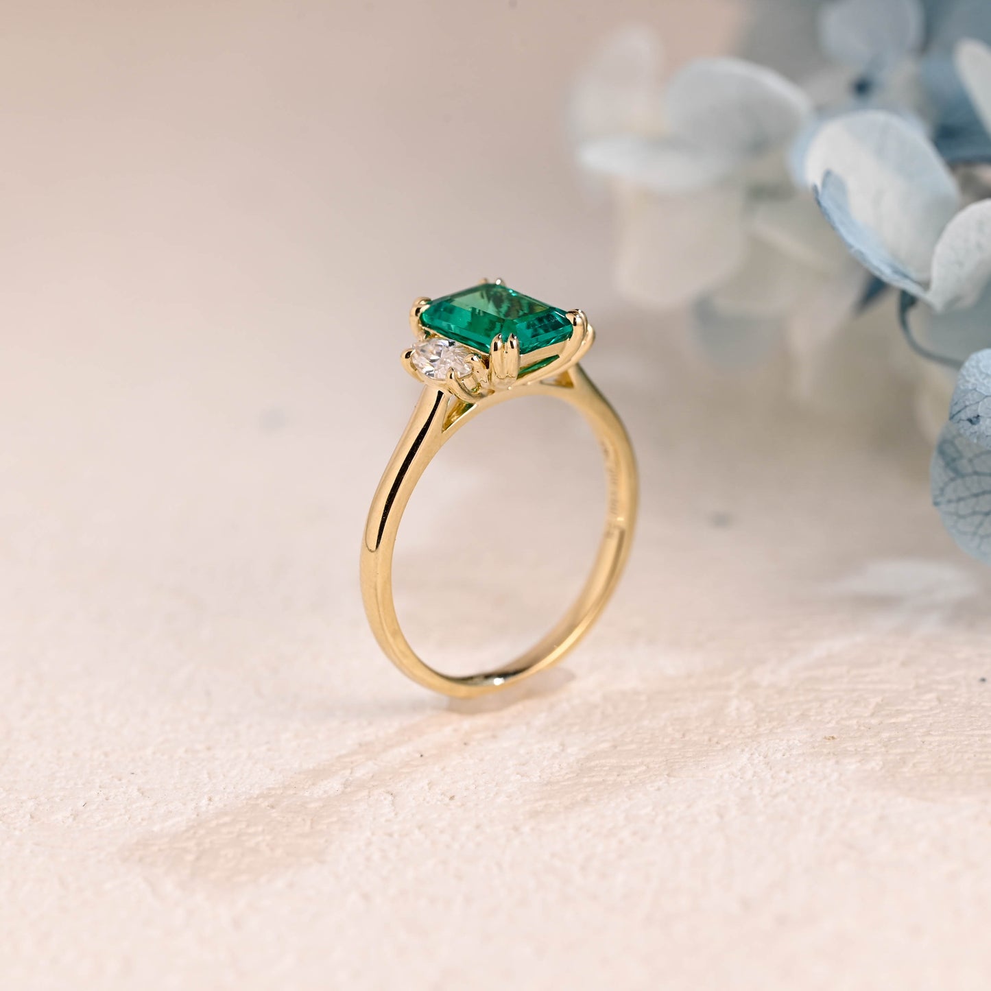 Solid Gold Lab Emerald Engagement Ring, Three Stone Ring