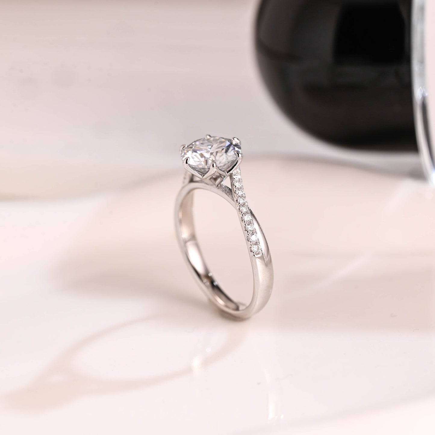 Solid Gold Pave Round Cut Moissanite Engagement Ring