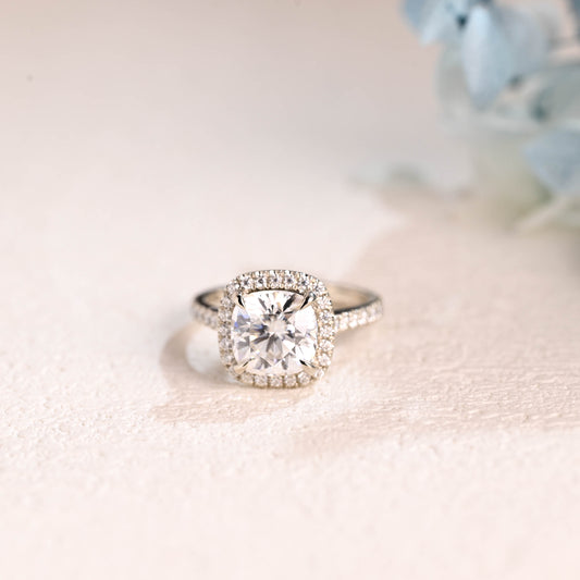 Solid Gold Half Eternity Cushion Cut Moissanite Engagement Ring