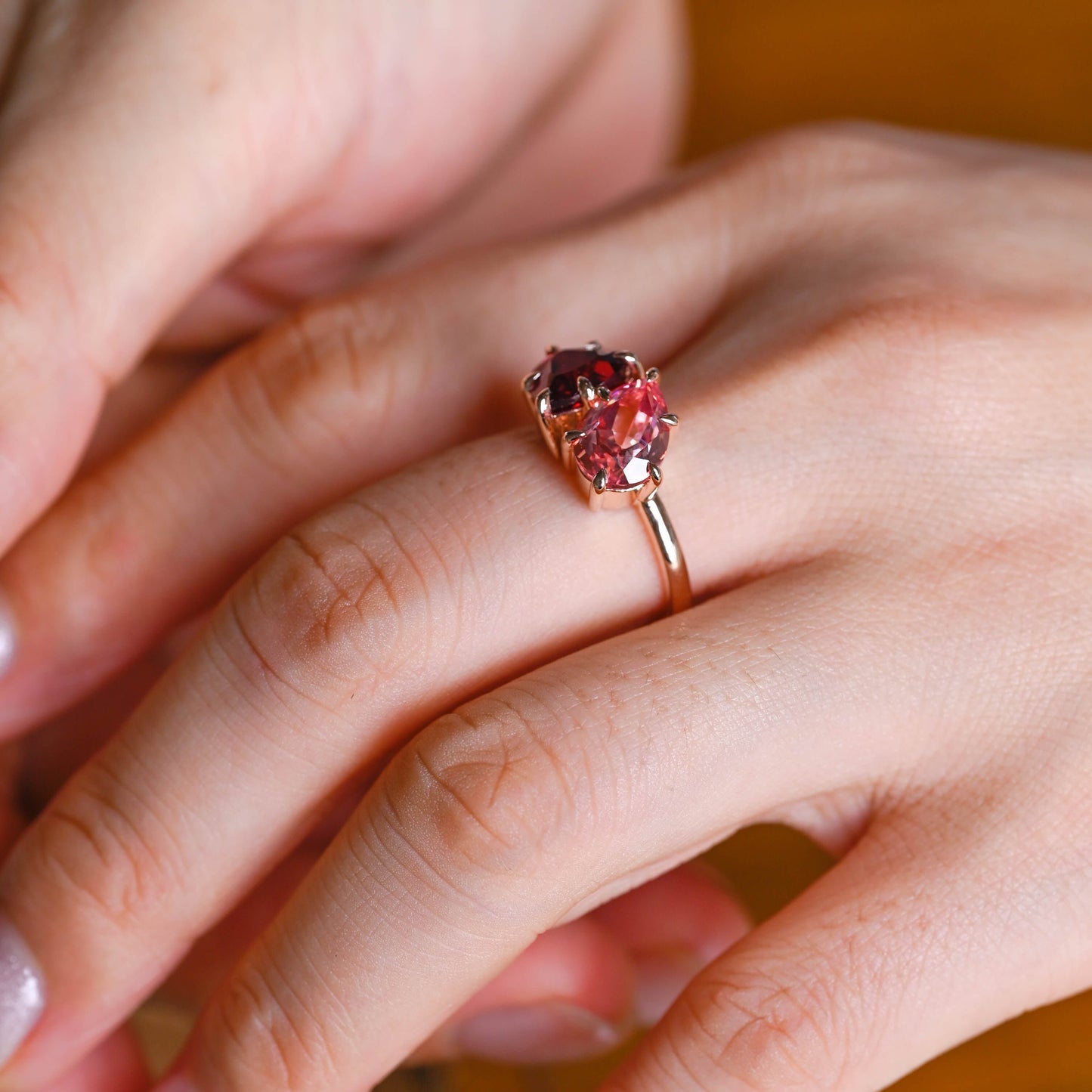 Solid Gold Toi Et Moi Heart Garnet & Pink Pear Moissanite Engagement Ring