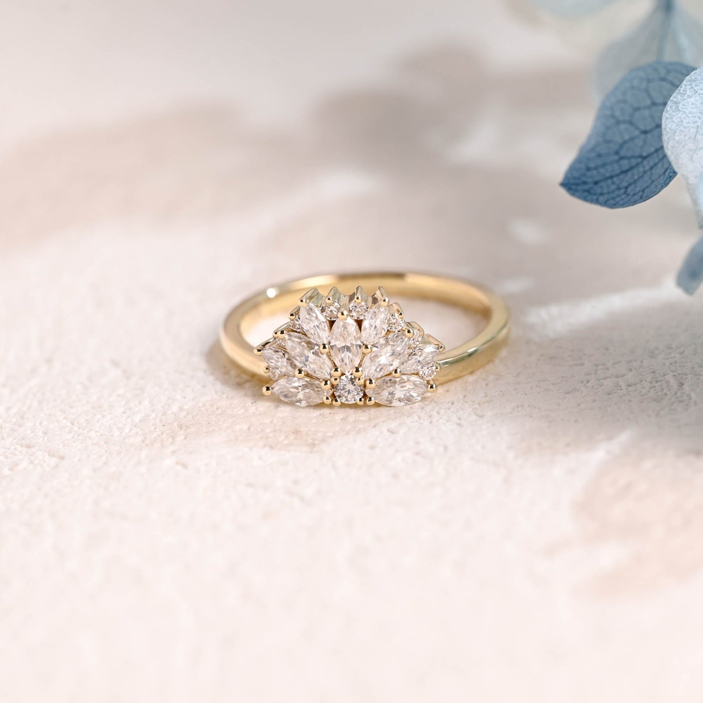 Solid Gold Floral Marquise & Round Cut Moissanite Wedding Band