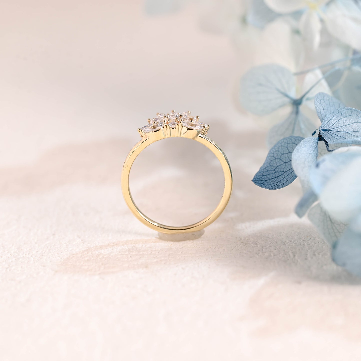 Solid Gold Floral Marquise & Round Cut Moissanite Wedding Band