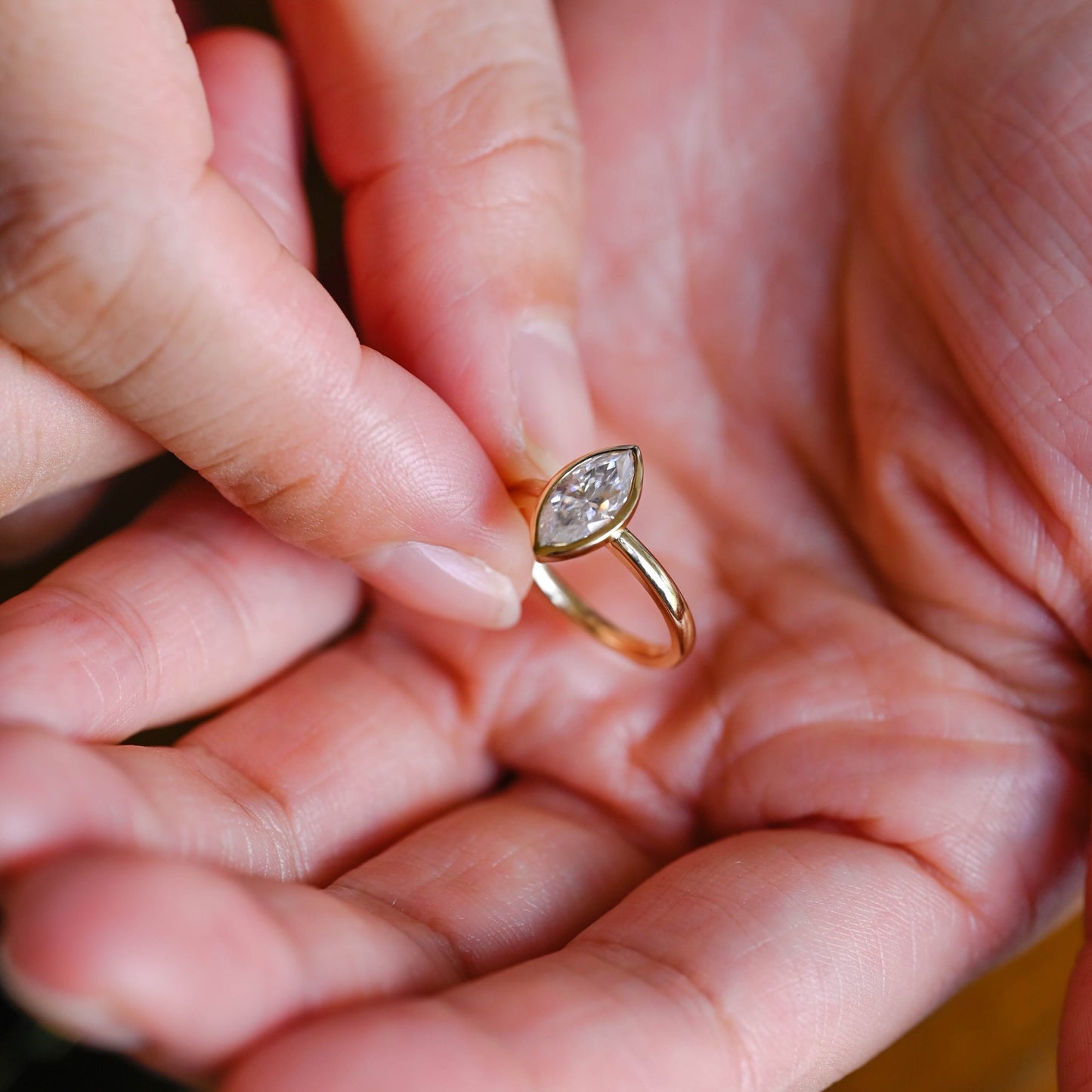 Solid Gold Bezel Marquise Cut Moissanite Engagement Ring