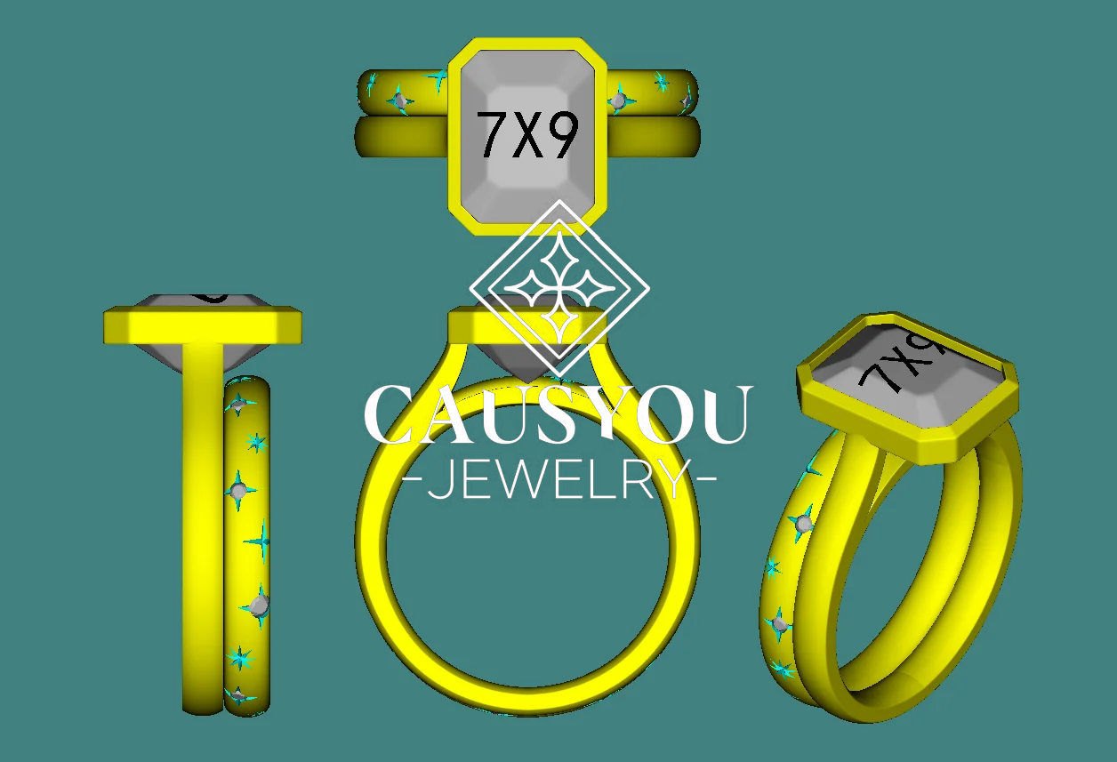 CausYou Custom Order for Matthew: Solid Gold Lab Grown Emerald Wedding Ring Set