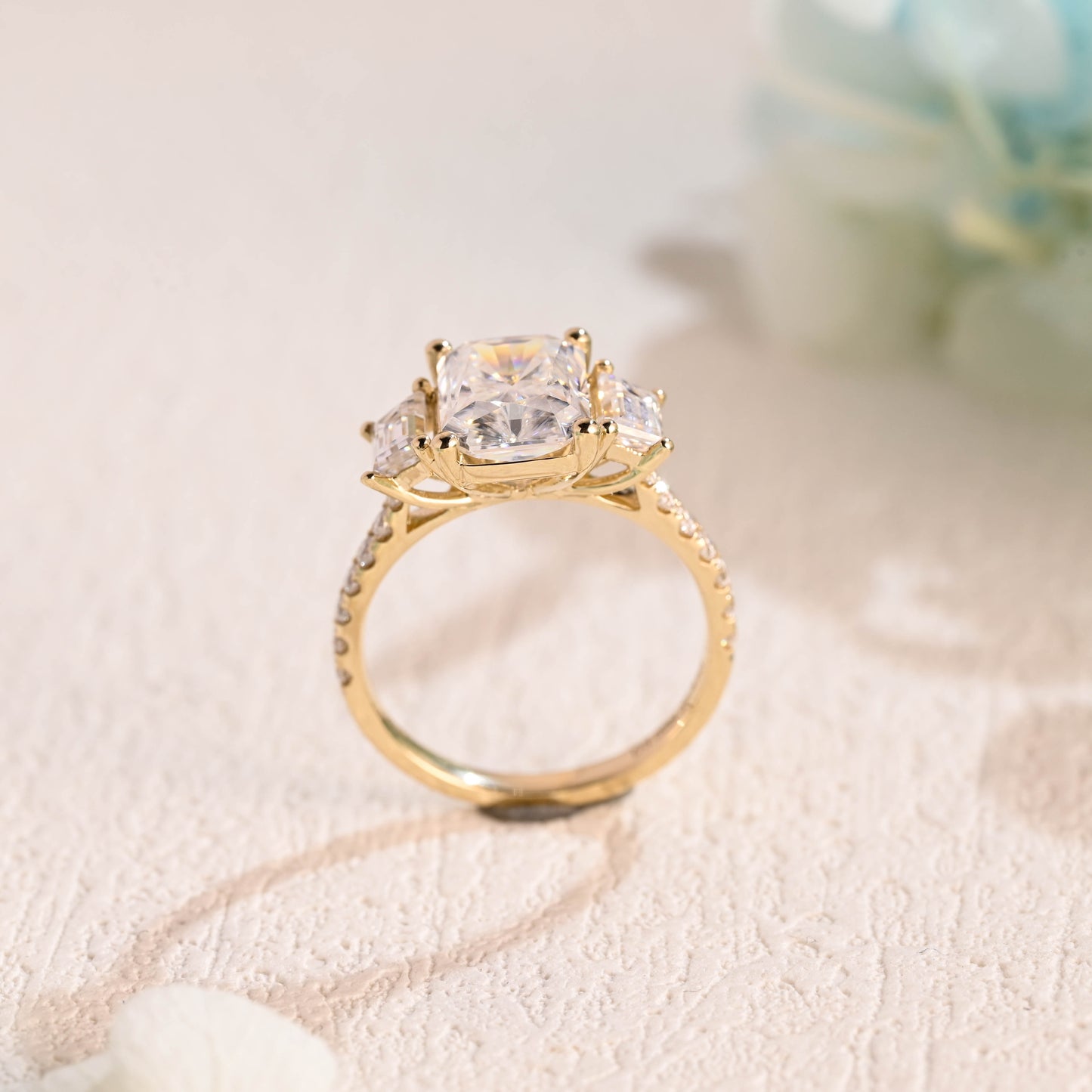 Solid-gold-radiant-cut-moissanite-engagement-ring-three-stone-ring