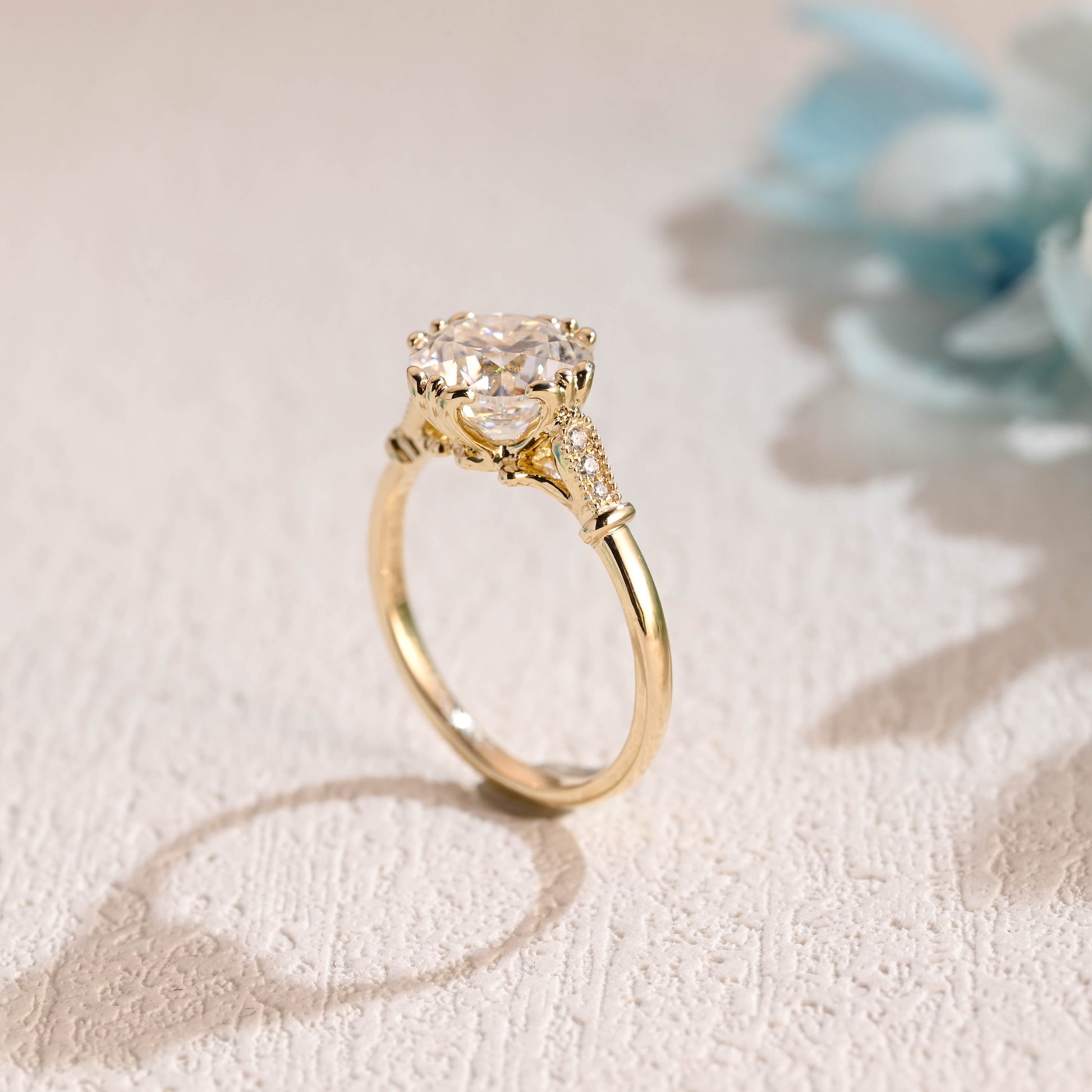 solid-gold-Filigree-ring-cushion-cut-moissanite-engagement-ring