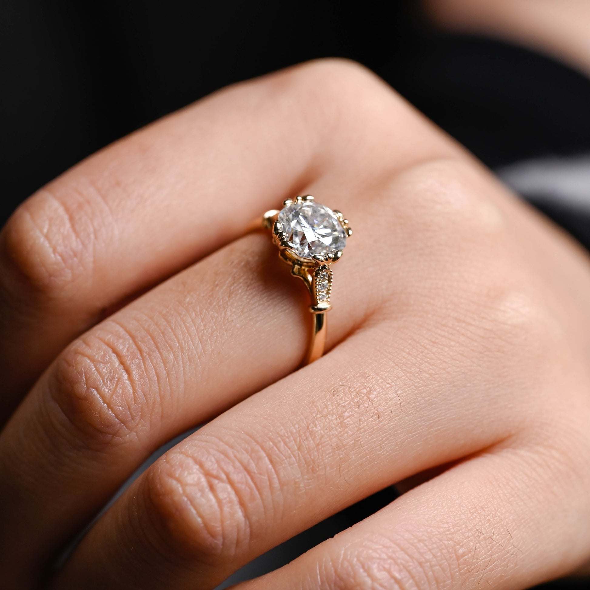 solid-gold-Filigree-ring-cushion-cut-moissanite-engagement-ring