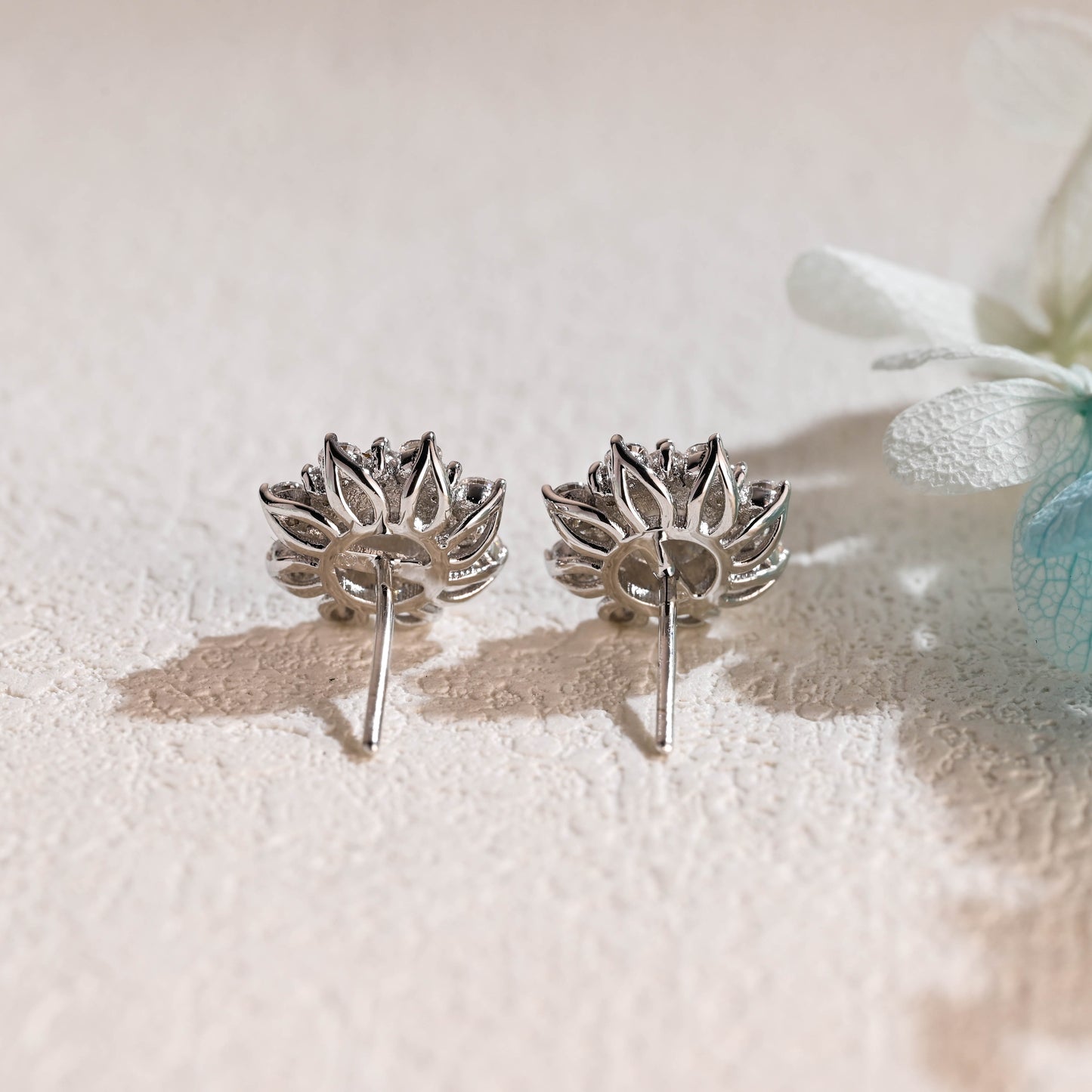 CausYou Solid Gold Floral Round Moissanite Earrings Studs, Nature Inspired Windmill Wedding Studs, Gift for Woman, Wife