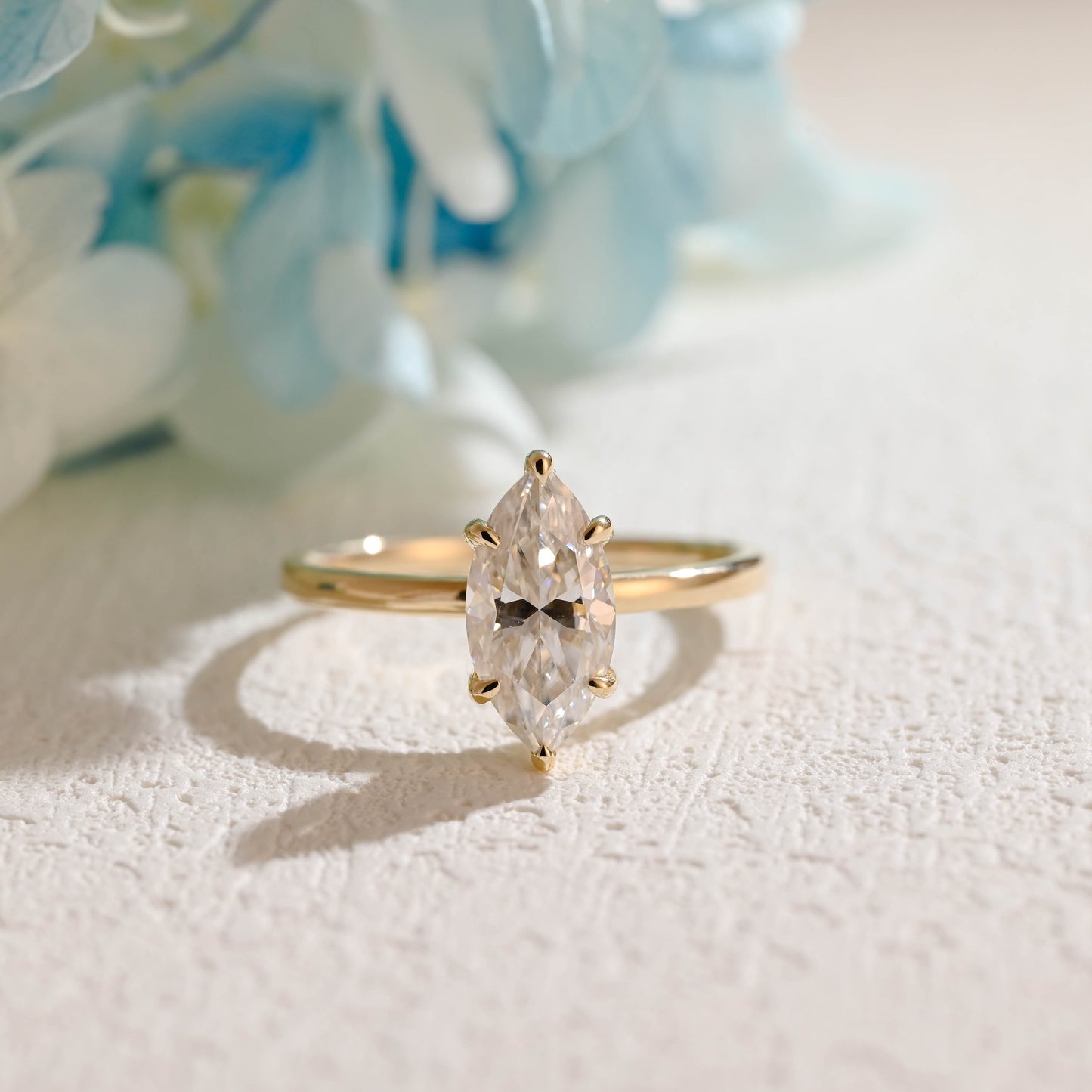 CausYou Solid Gold Marquise Moissanite Engagement Ring Hidden Halo Paved Prongs, Marquise Cut Wedding Ring