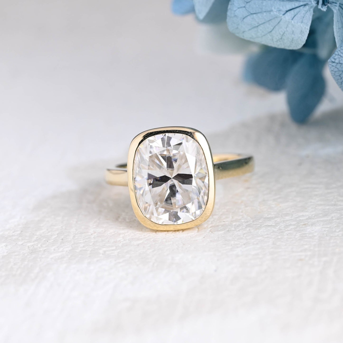 Solid Gold Bezel Elongated Cushion Cut Moissanite Engagement Ring