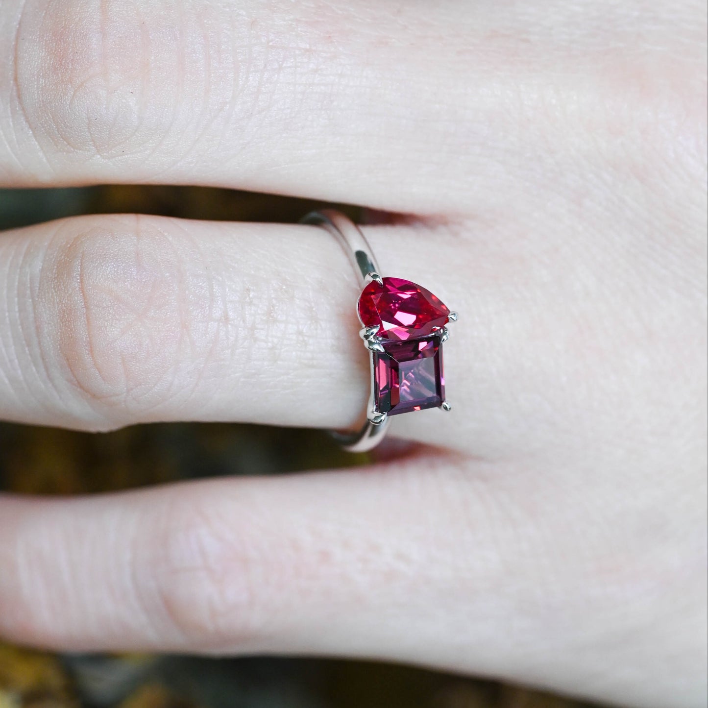 Solid Gold Toi Et Moi Princess Garnet & Pear Lab Grown Ruby Engagement Ring