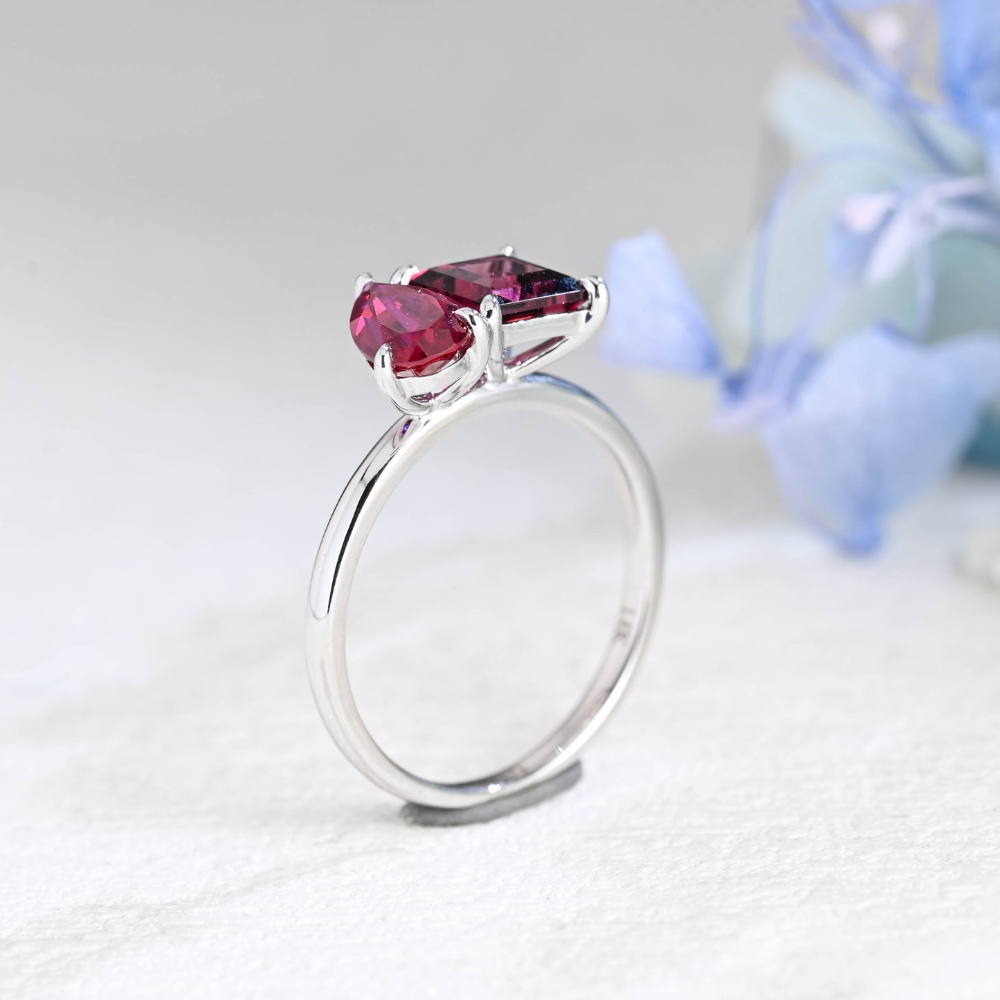 Solid Gold Toi Et Moi Princess Garnet & Pear Lab Grown Ruby Engagement Ring