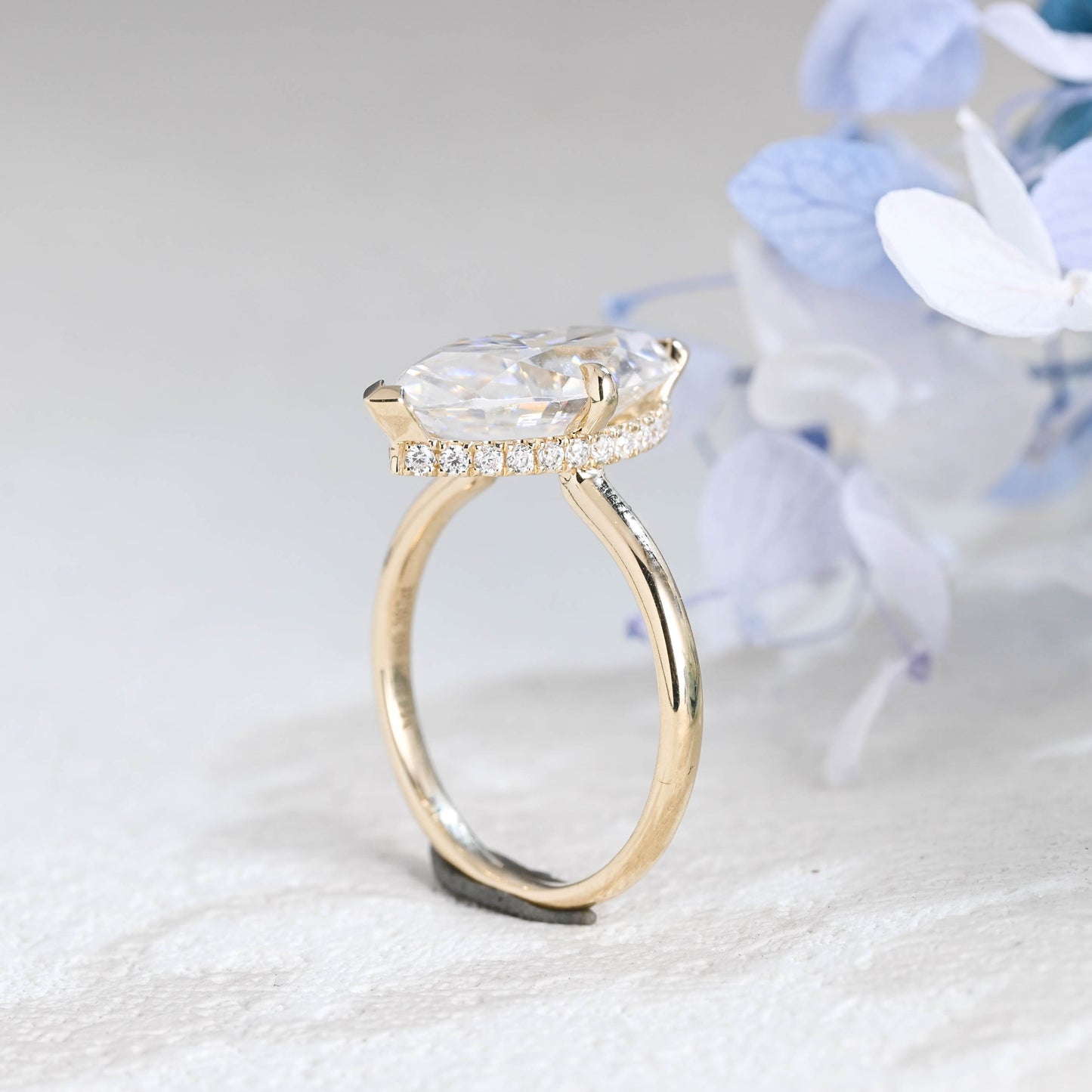 Solid Gold Hidden Halo Marquise Cut Moissanite Engagement Ring