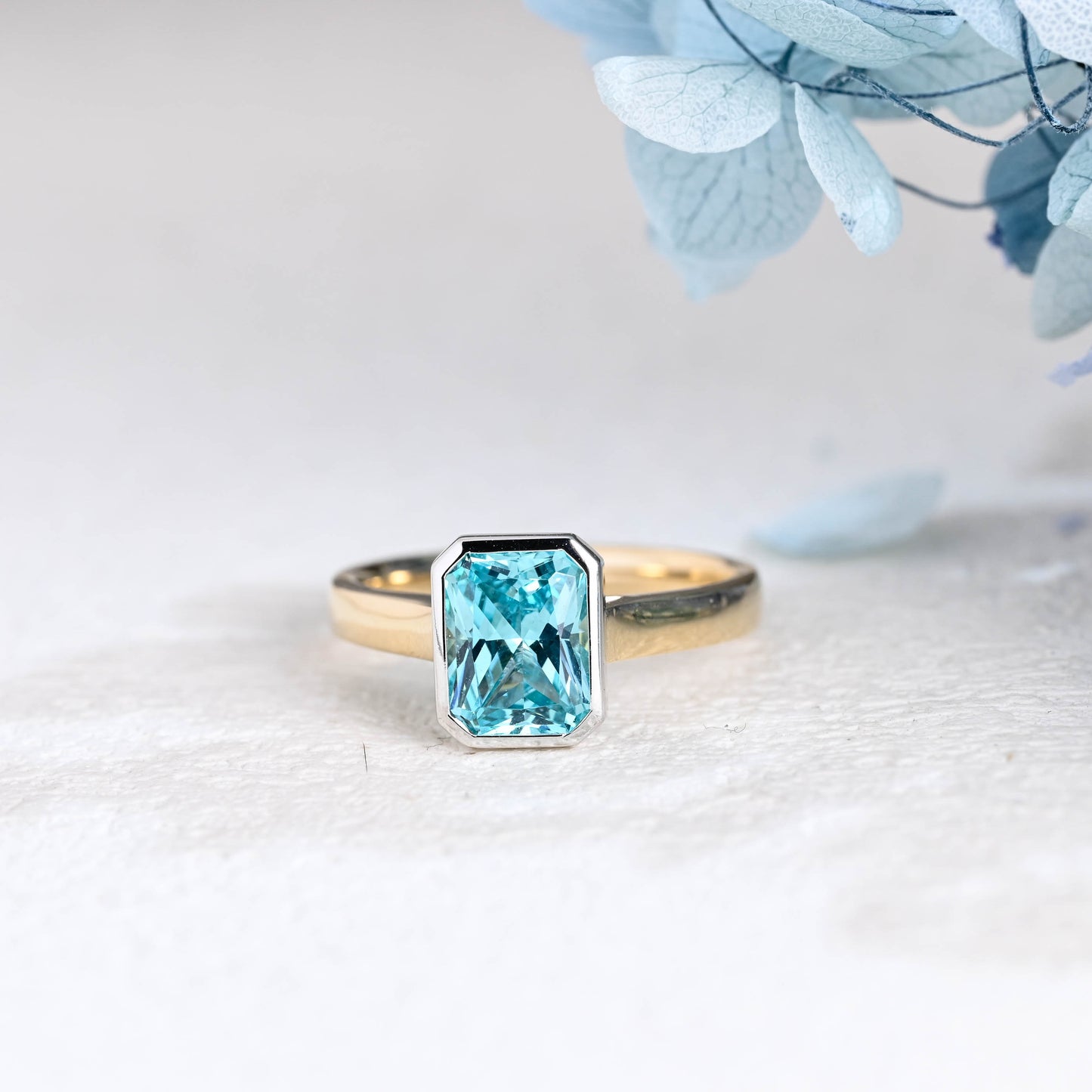 Solid Gold Two Tone Light Blue Radiant Cut Aquamarine Engagement Ring