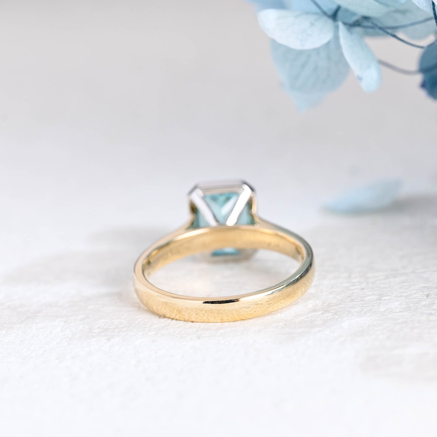 Solid Gold Two Tone Light Blue Radiant Cut Aquamarine Engagement Ring