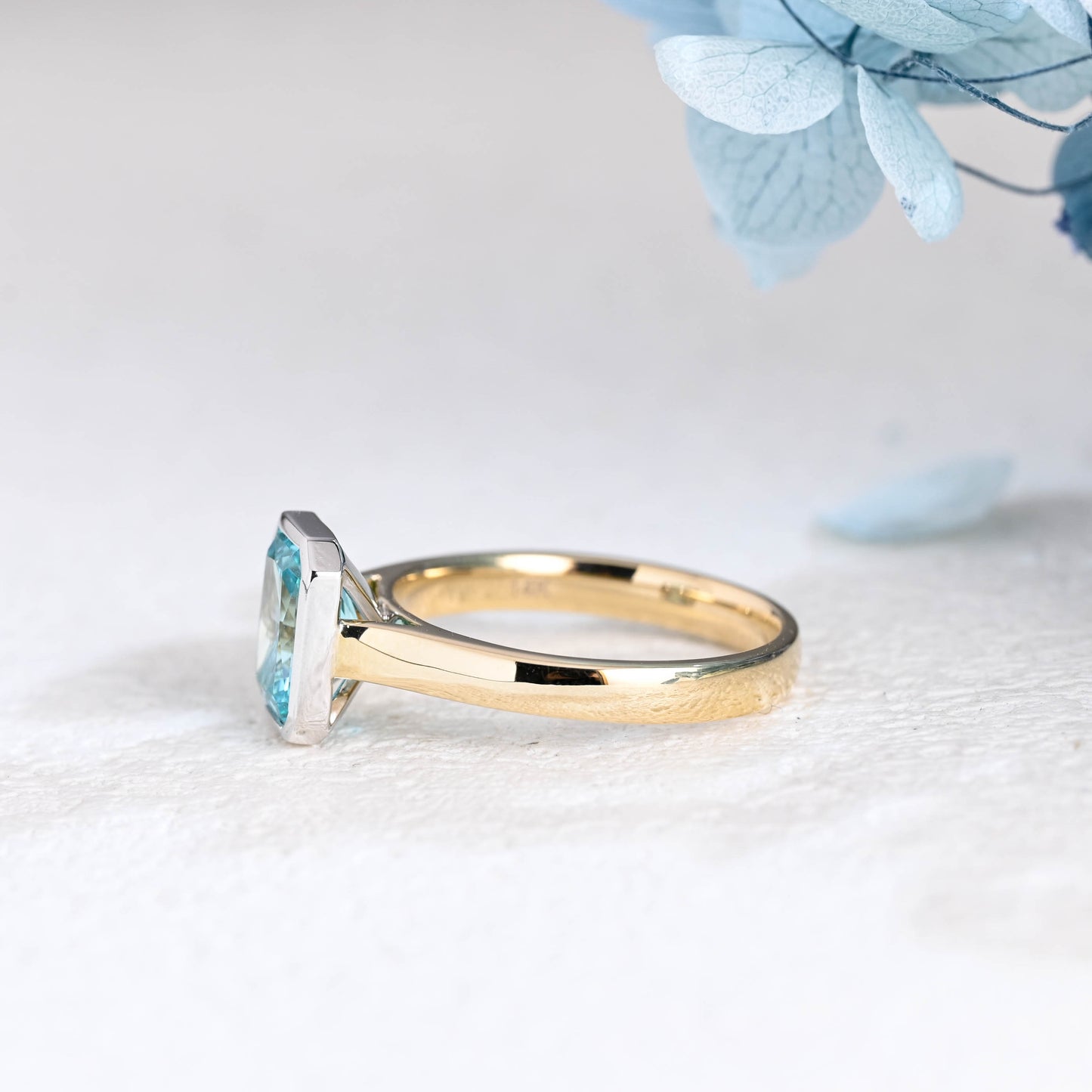 Solid Gold Two Tone Light Blue Radiant Cut Aquamarine Engagement Ring