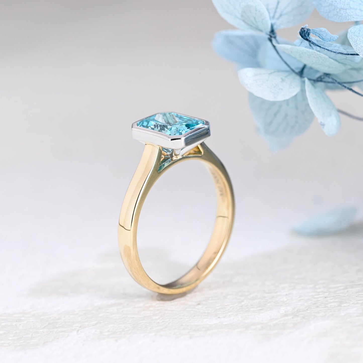 Solid Gold Two Tone Light Blue Radiant Cut Aquamarine Engagement Ring