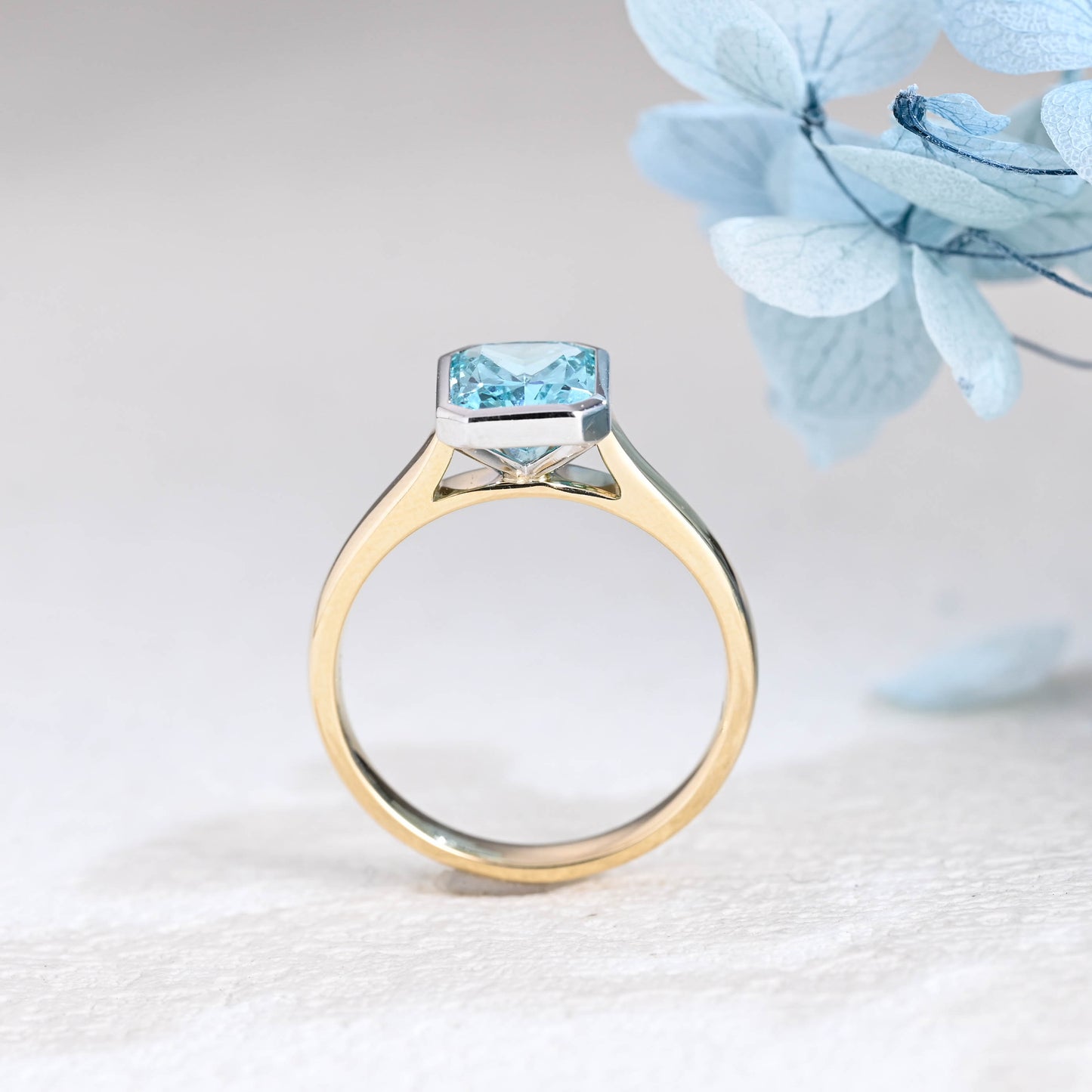 Solid Gold Two Tone Light Blue Radiant Cut Aquamarine Engagement Ring