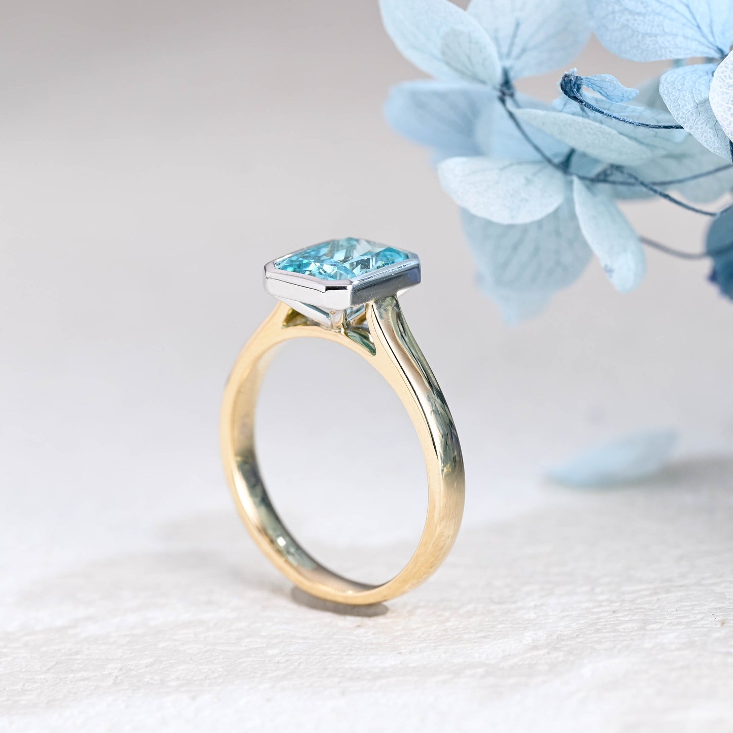 Solid Gold Two Tone Light Blue Radiant Cut Aquamarine Engagement Ring