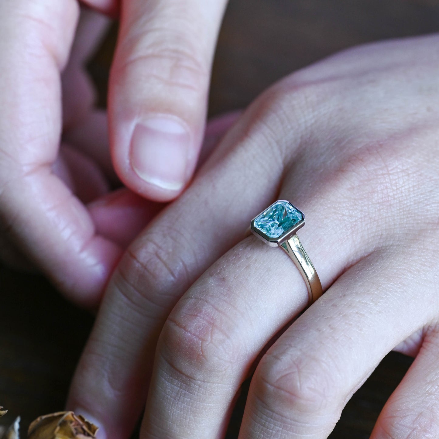 Solid Gold Two Tone Light Blue Radiant Cut Aquamarine Engagement Ring