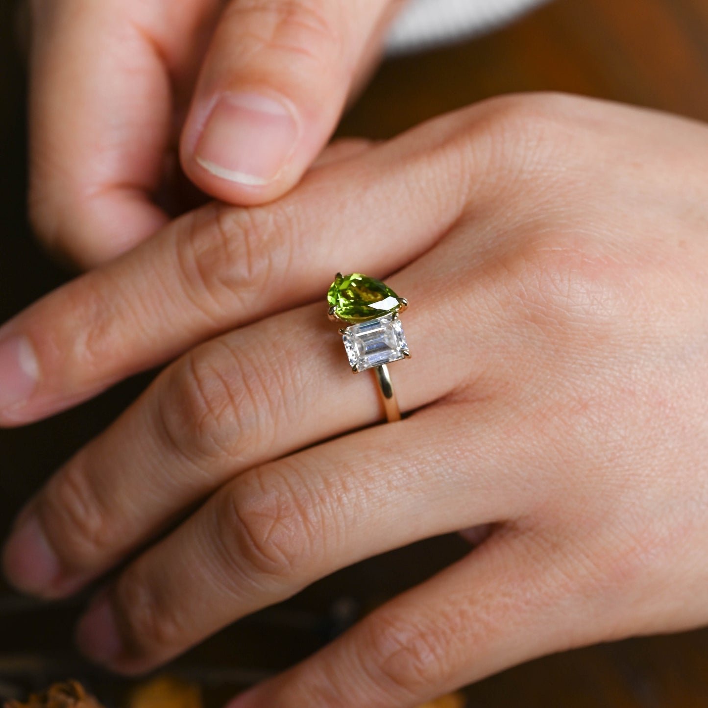 Solid Gold Toi et Moi Emerald Cut Moissanite & Green Natural Olivine Engagement Ring