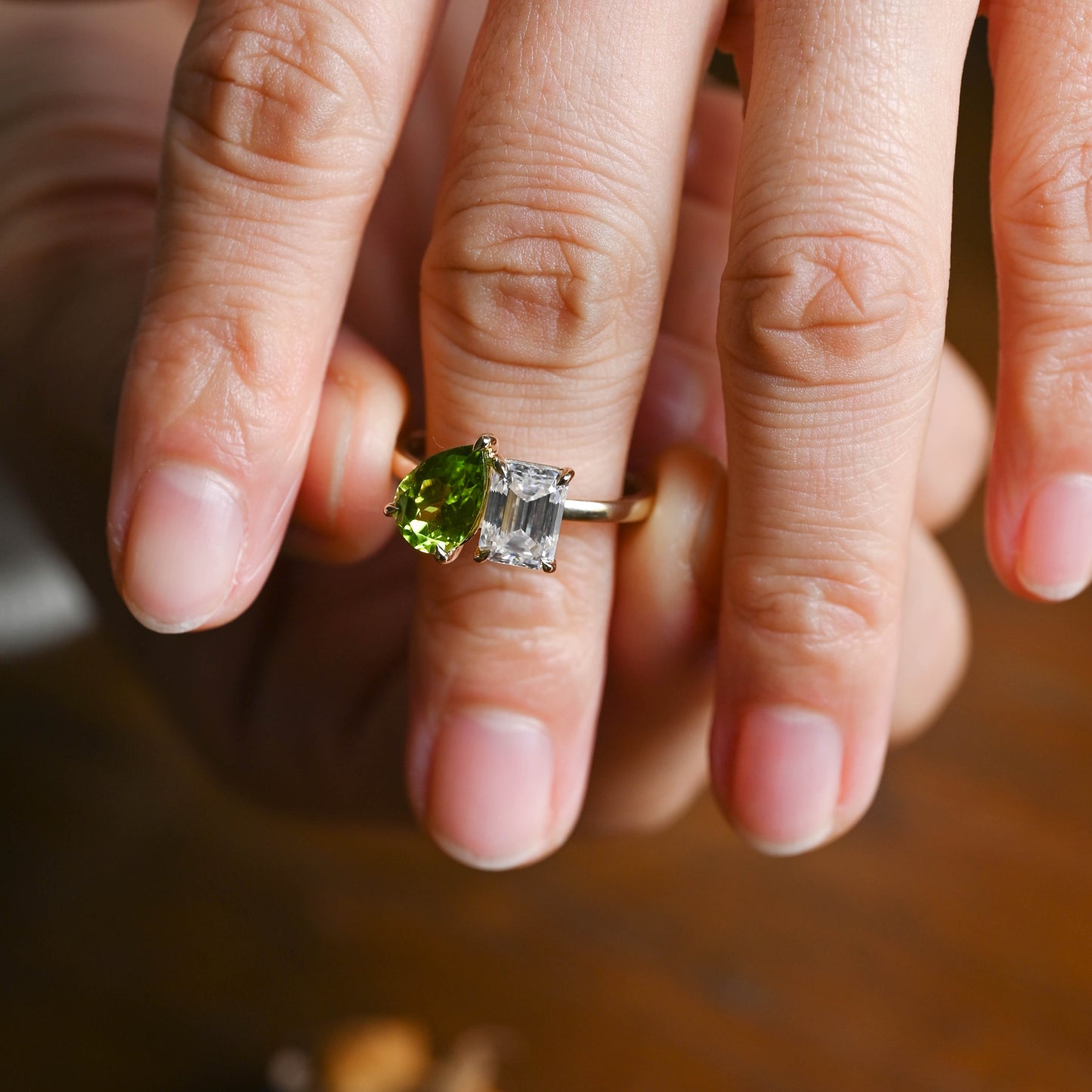 Solid Gold Toi et Moi Emerald Cut Moissanite & Green Natural Olivine Engagement Ring