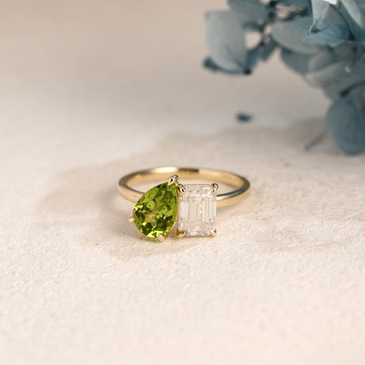 Solid Gold Toi et Moi Emerald Cut Moissanite & Green Natural Olivine Engagement Ring