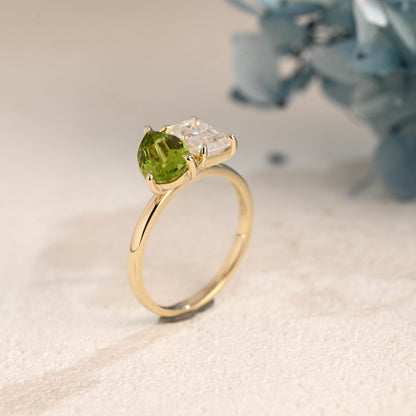 Solid Gold Toi et Moi Emerald Cut Moissanite & Green Natural Olivine Engagement Ring