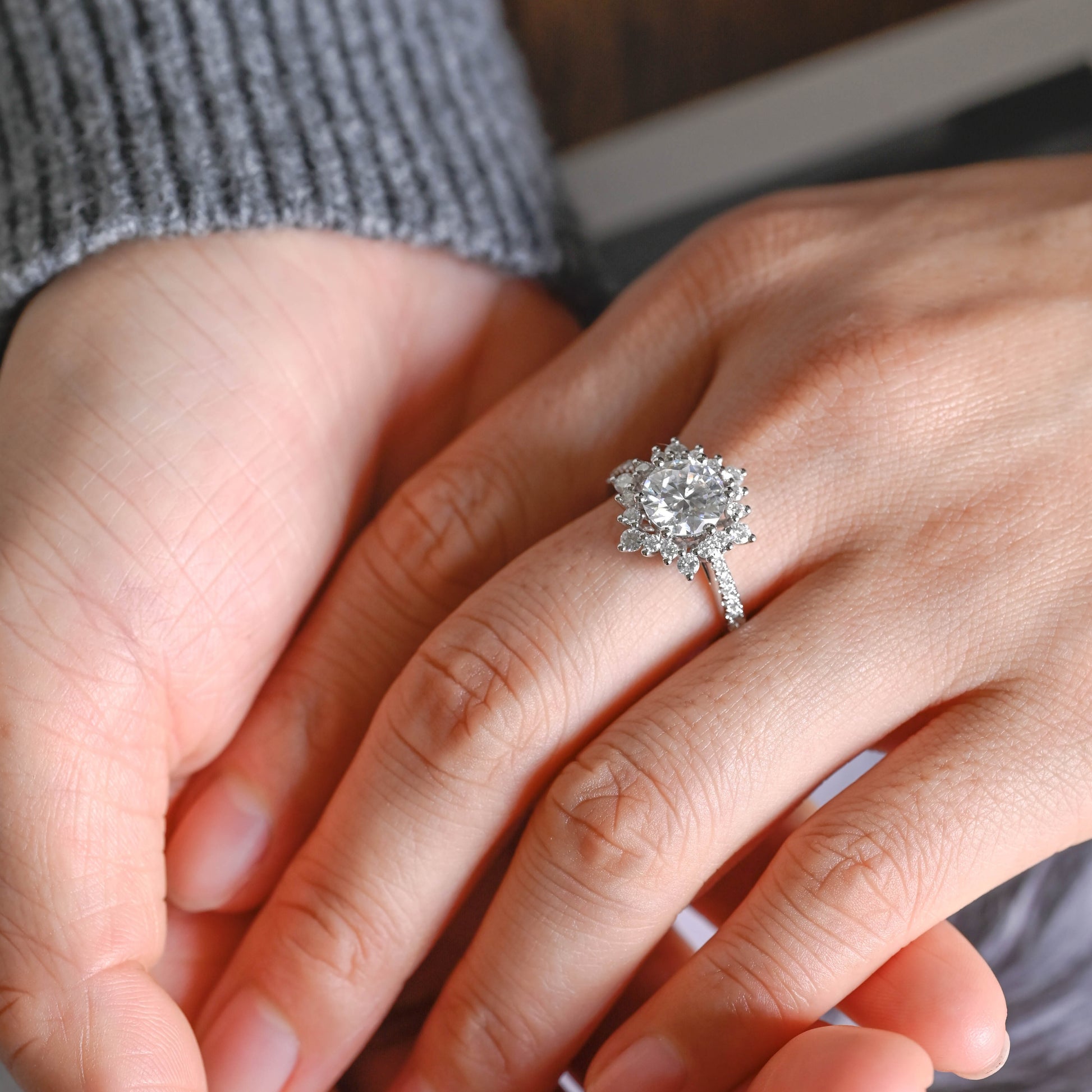 snowflake-round-cut-moissanite-engagement-ring-unique-wedding-ring-half-pave-ring