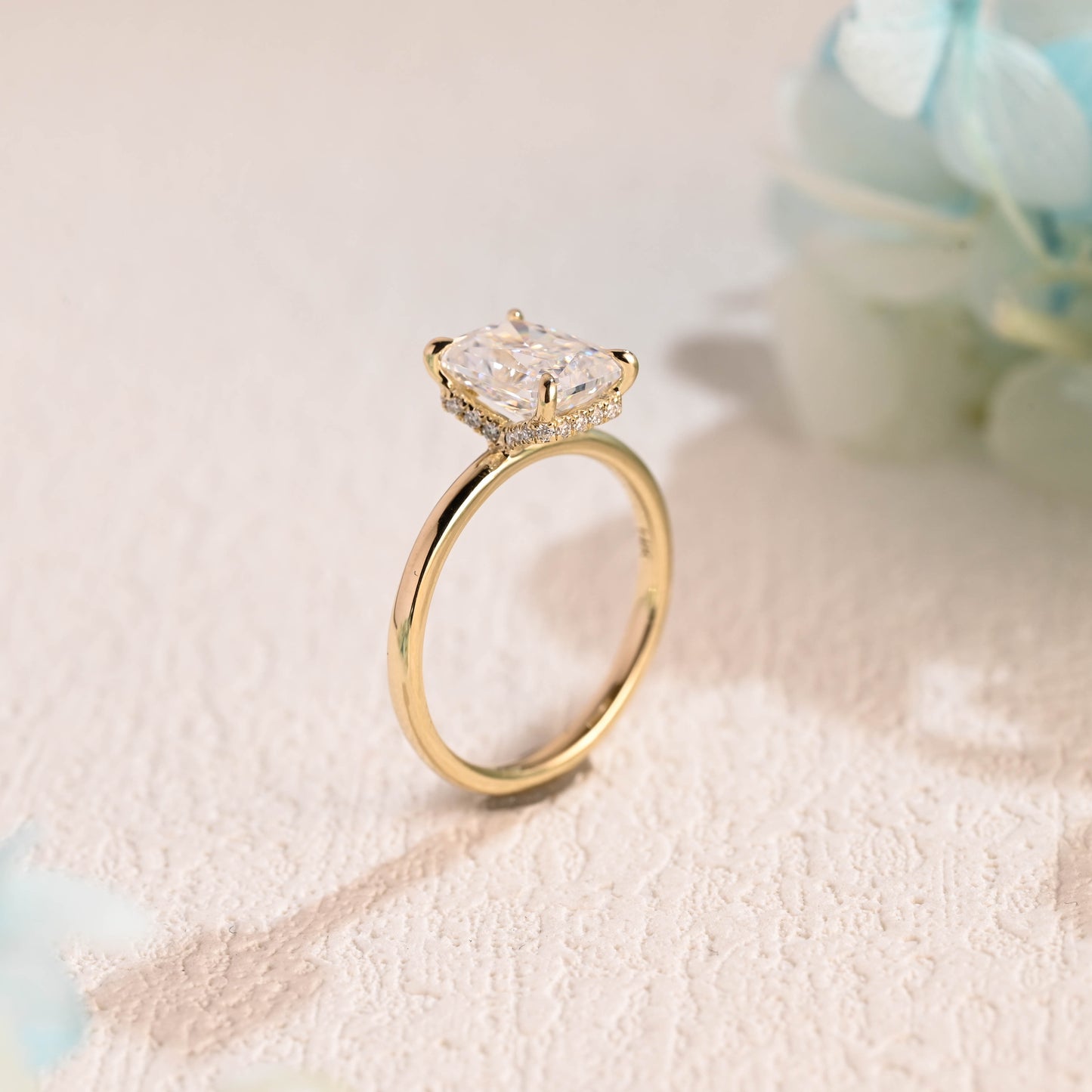 CausYou Unique Crushed Ice Radiant Moissanite Engagement Ring Hidden Halo, Solid Gold Radiant Wedding Ring, Vintage Wedding Ring, Gift for Women