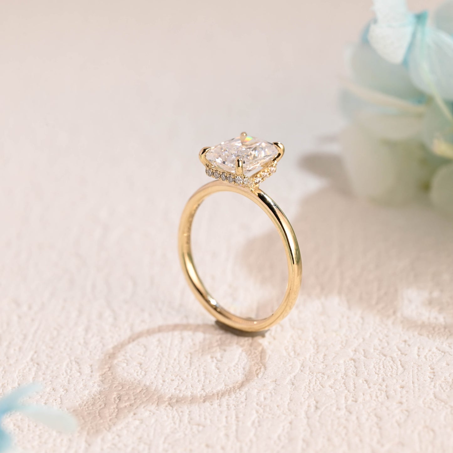 CausYou Unique Crushed Ice Radiant Moissanite Engagement Ring Hidden Halo, Solid Gold Radiant Wedding Ring, Vintage Wedding Ring, Gift for Women