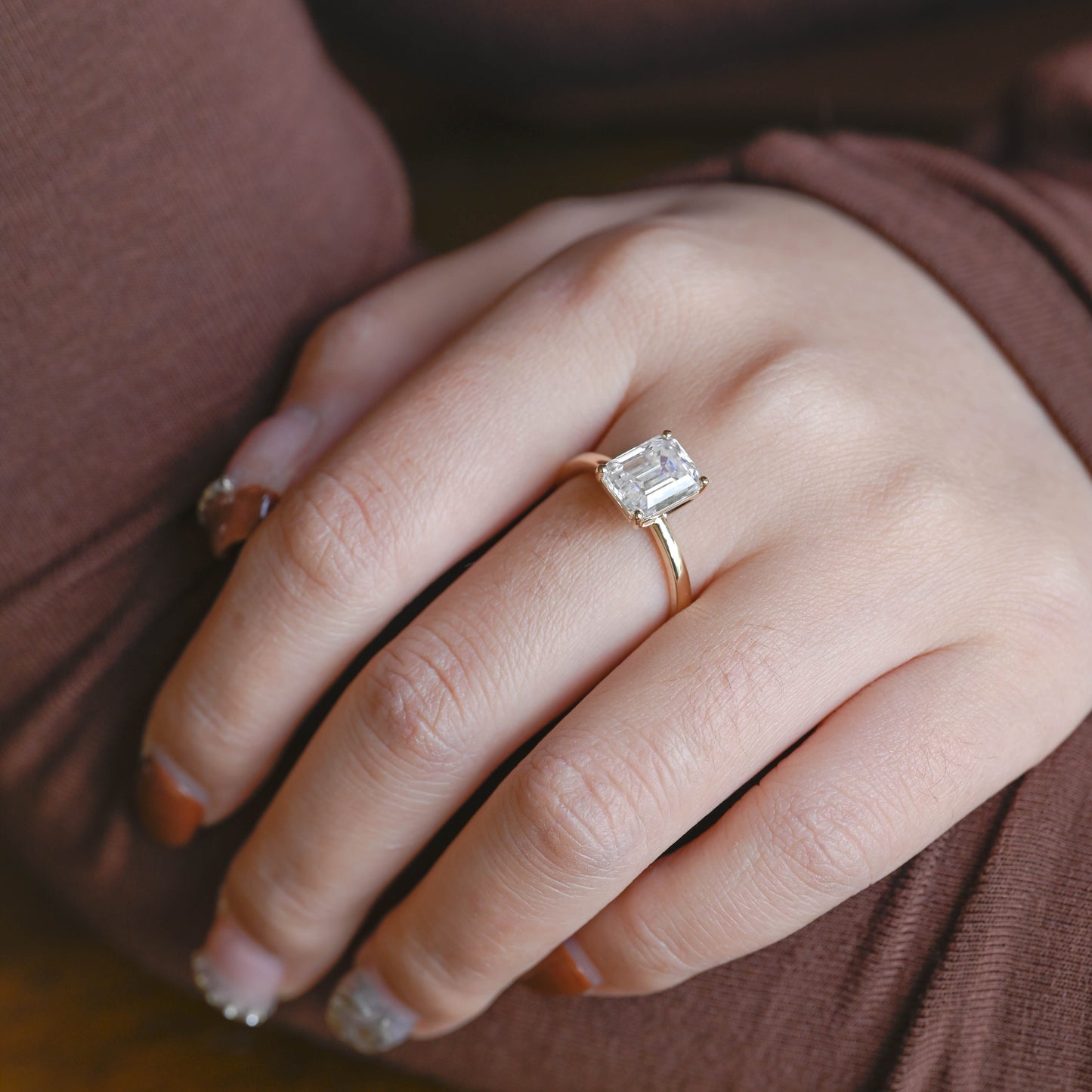 emerald-cut-moissanite-engagement-ring-solid-gold-ring-double-band-ring-gift