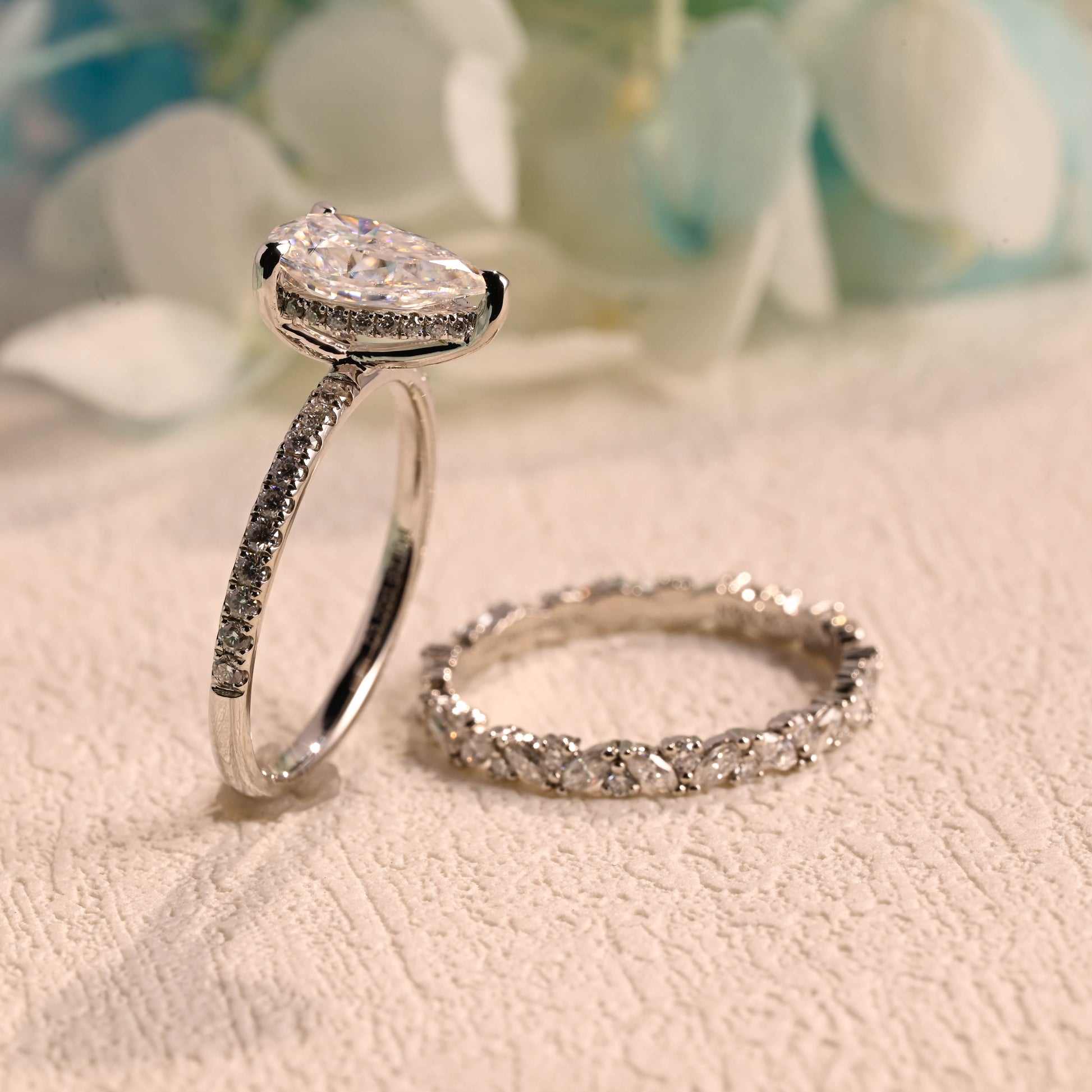 dainty-pear-moissanite-wedding-band-set-solid-gold-hidden-halo-pave-engagement-ring