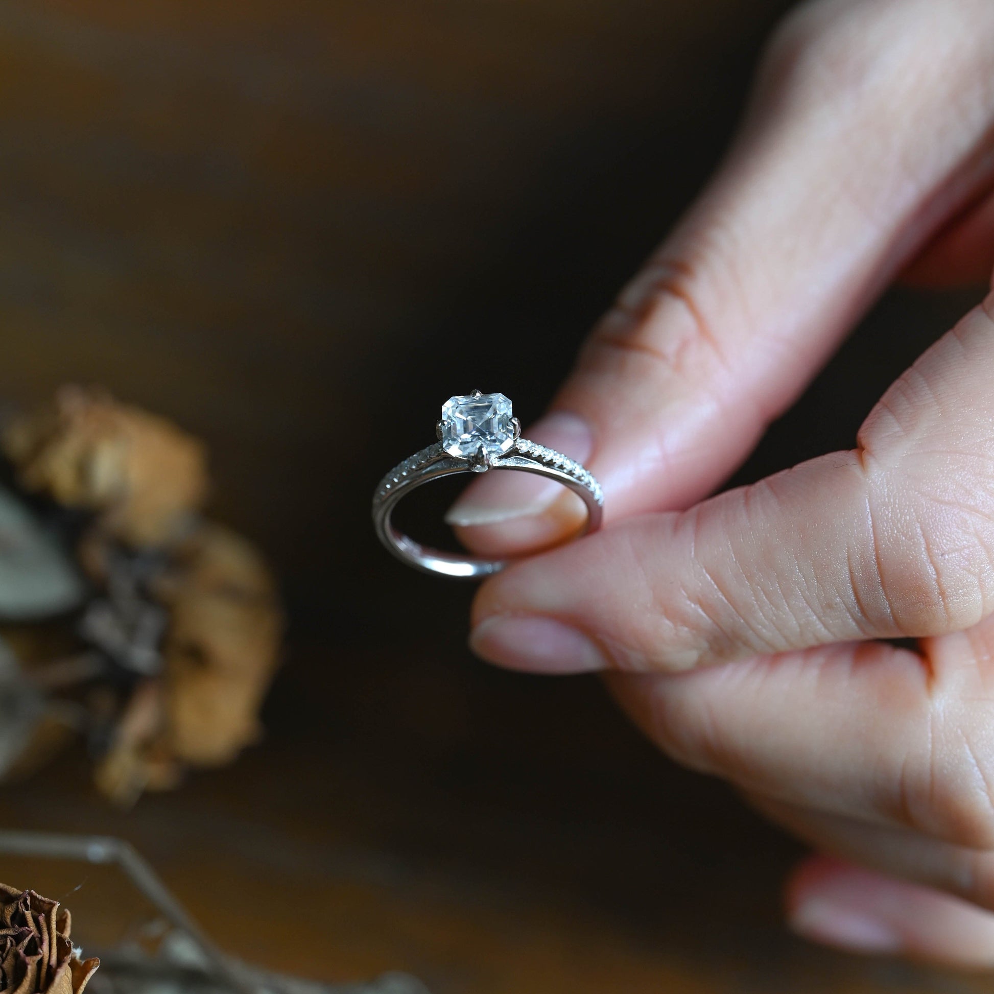 CausYou asscher cut moissanite engagement ring Solid Gold Hidden Halo Asscher Cut Moissanite Engagement Ring