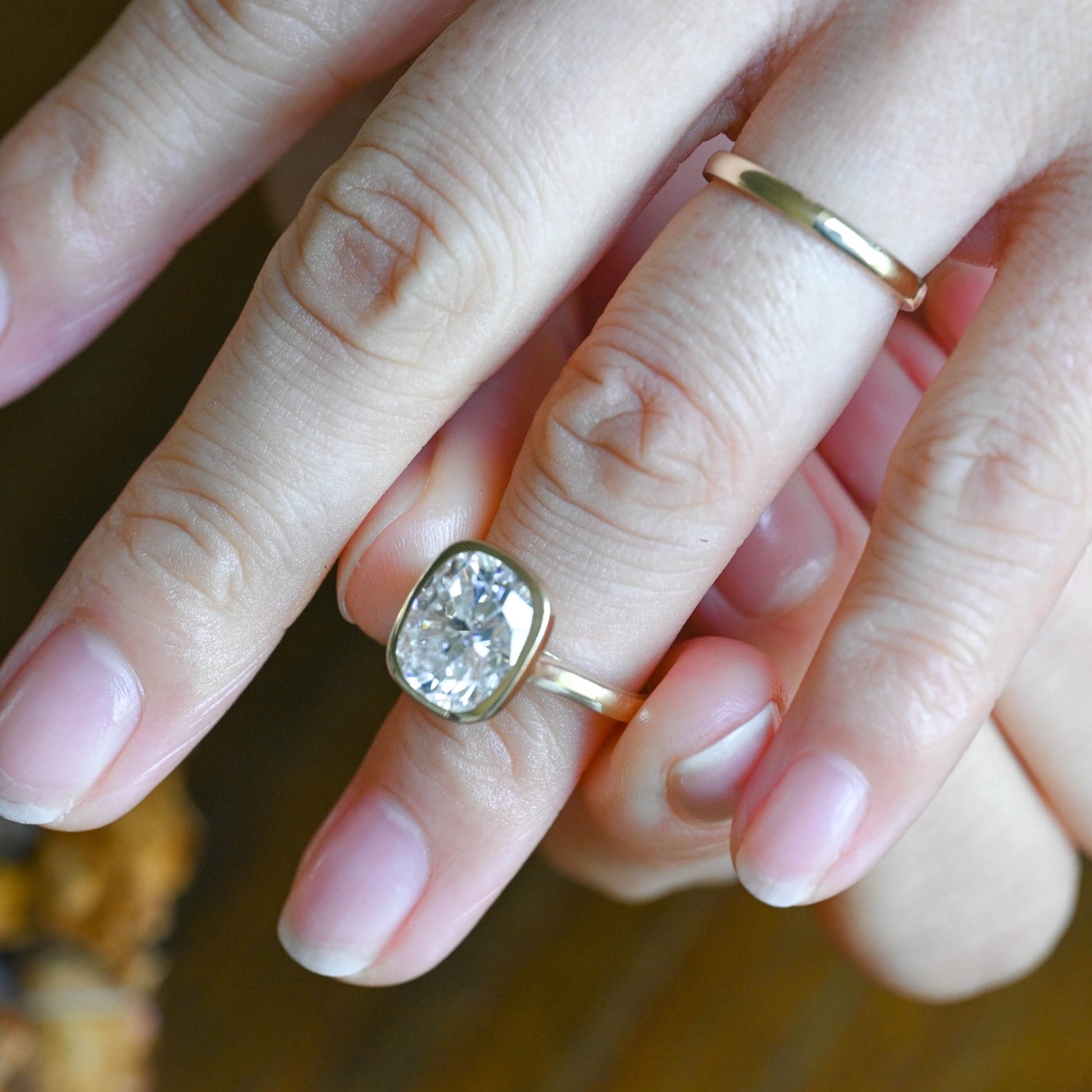 Solid Gold Bezel Elongated Cushion Cut Moissanite Engagement Ring