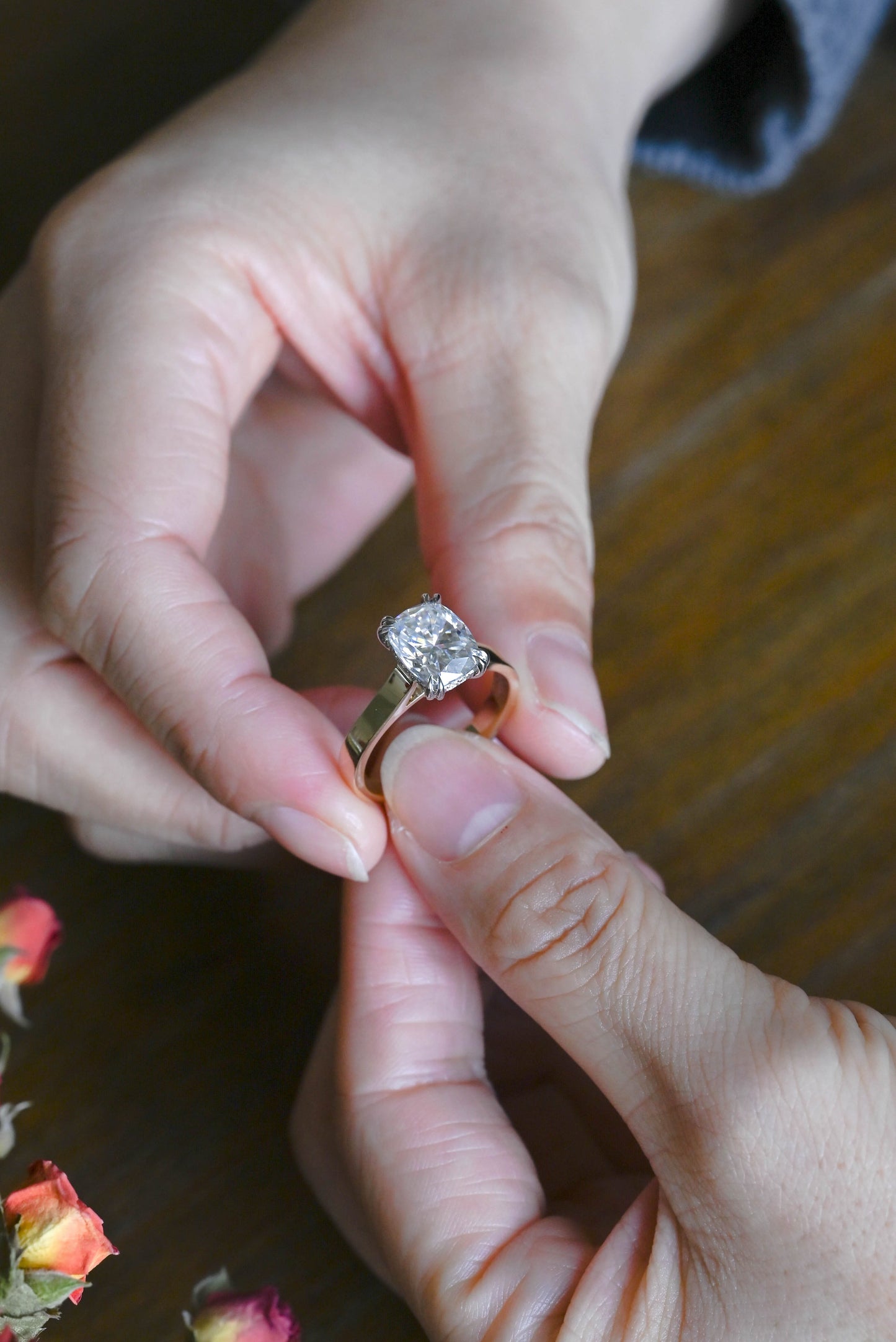 CausYou cushion cut moissanite engagement ring Solid Gold 3mm Two Tone Solitaire Elongated Cushion Cut Moissanite Engagement Ring