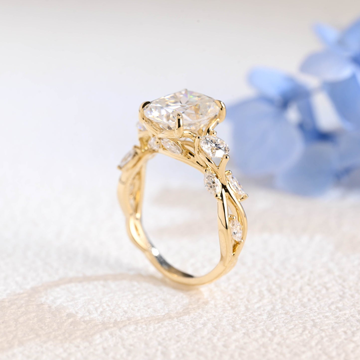 CausYou cushion cut moissanite engagement ring Solid Gold Elongated Cushion Cut Moissanite Engagement Ring, Twig Band Ring