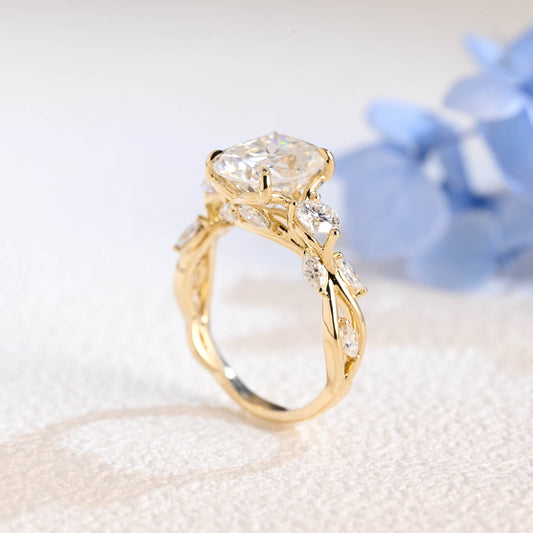 CausYou cushion cut moissanite engagement ring Solid Gold Elongated Cushion Cut Moissanite Engagement Ring, Twig Band Ring