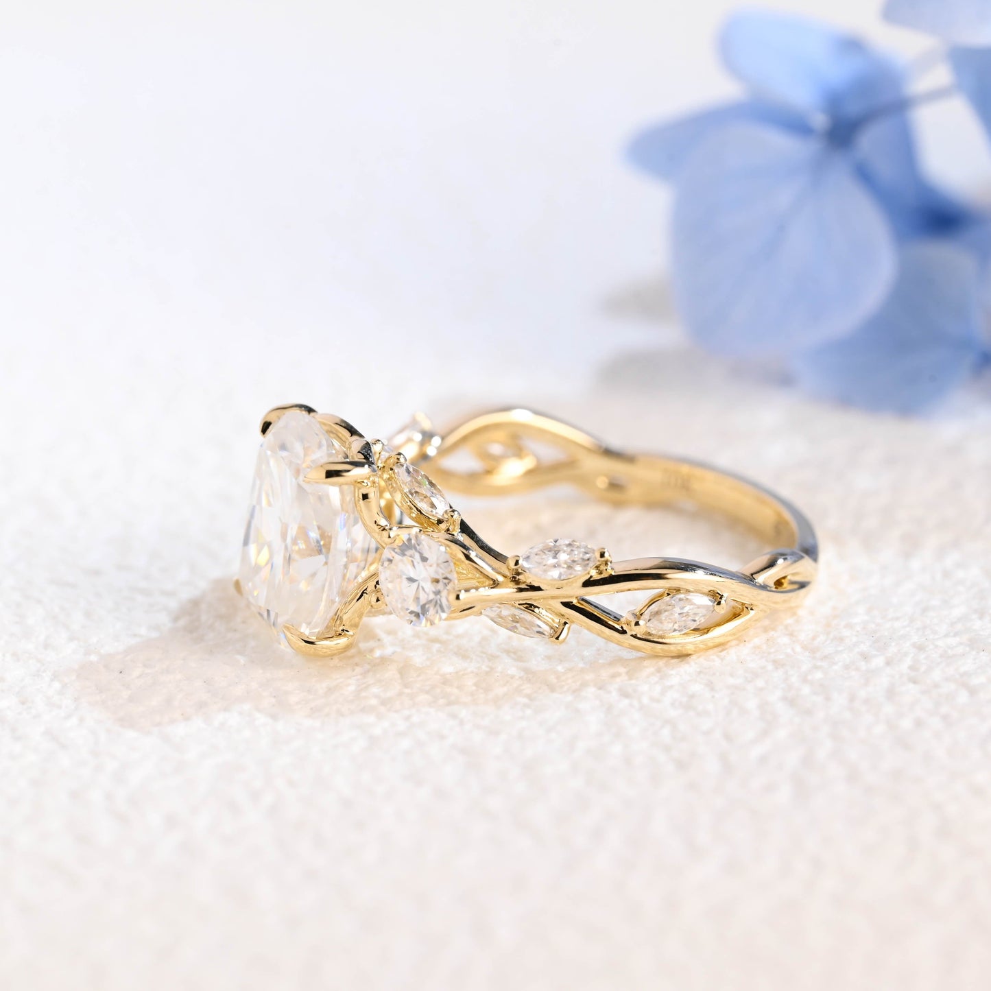 CausYou cushion cut moissanite engagement ring Solid Gold Elongated Cushion Cut Moissanite Engagement Ring, Twig Band Ring