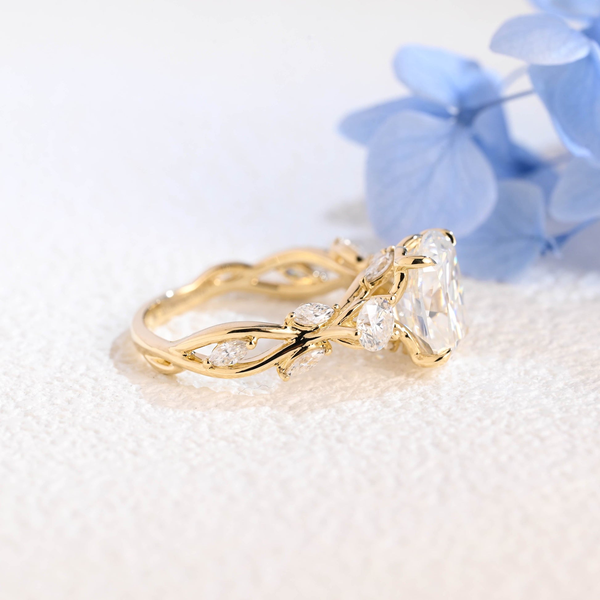 CausYou cushion cut moissanite engagement ring Solid Gold Elongated Cushion Cut Moissanite Engagement Ring, Twig Band Ring