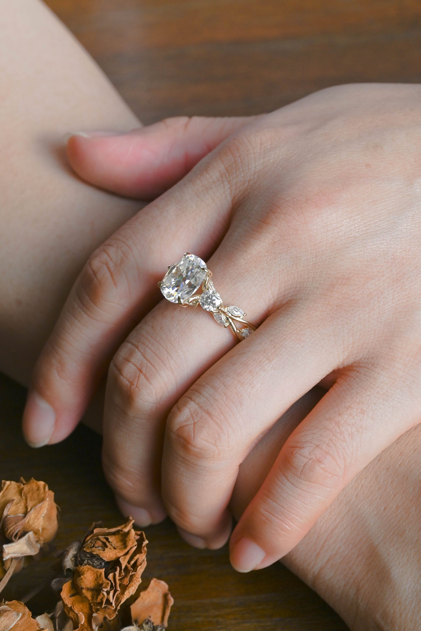 CausYou cushion cut moissanite engagement ring Solid Gold Elongated Cushion Cut Moissanite Engagement Ring, Twig Band Ring