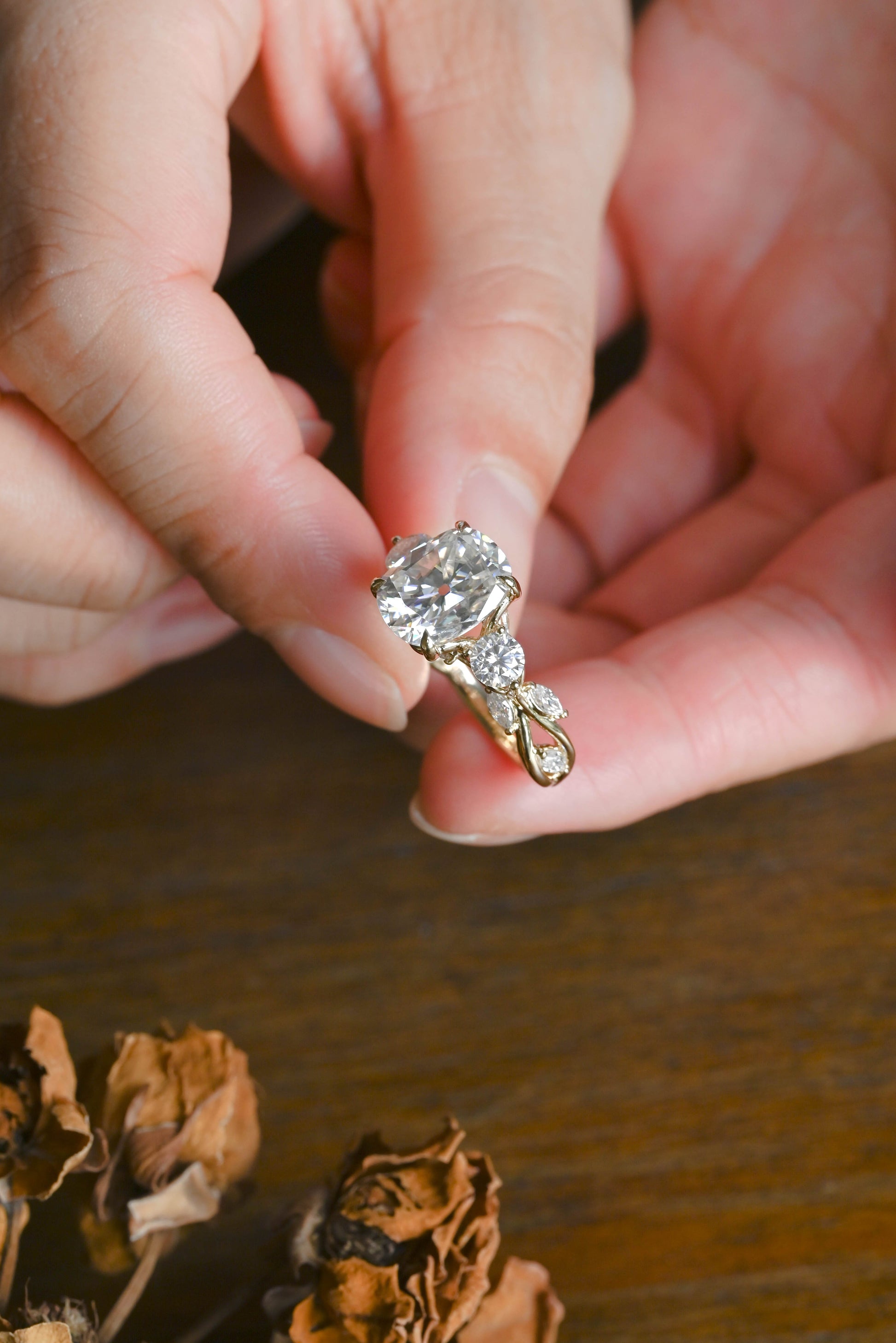 CausYou cushion cut moissanite engagement ring Solid Gold Elongated Cushion Cut Moissanite Engagement Ring, Twig Band Ring