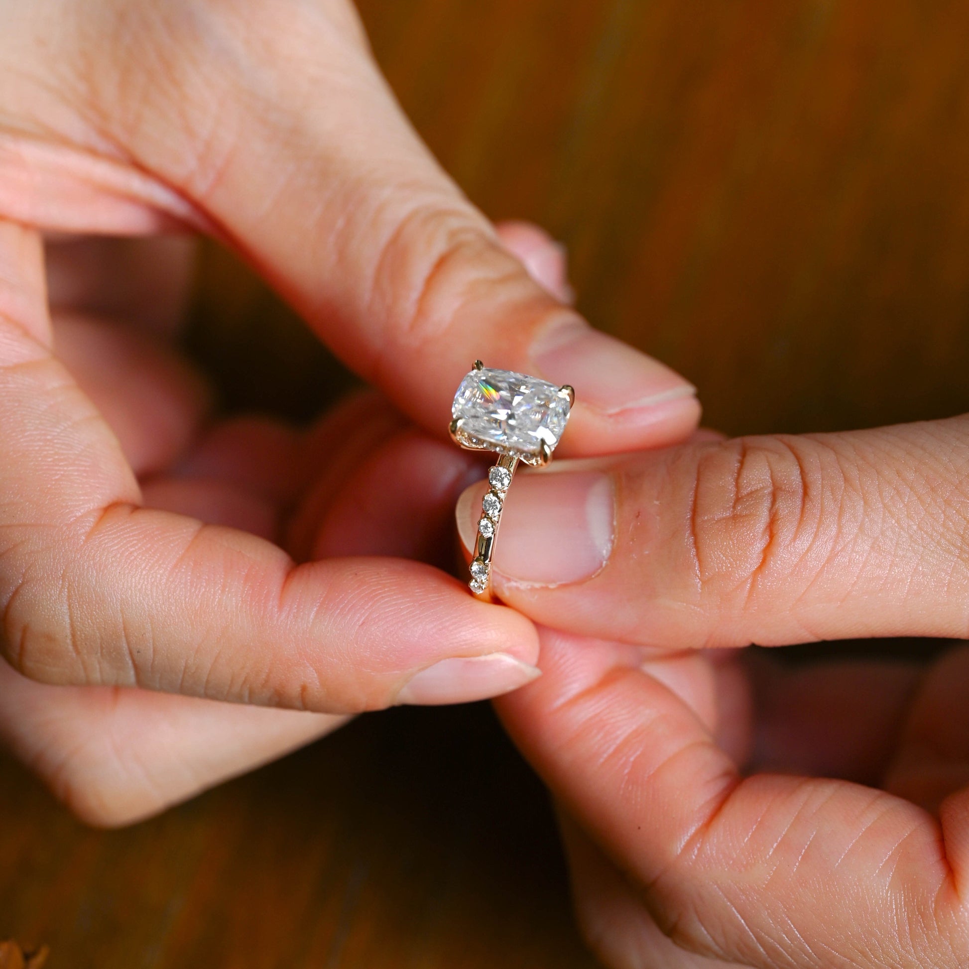 CausYou cushion cut moissanite engagement ring Solid Gold Hidden Halo Elongated Cushion Cut Moissanite Engagement Ring