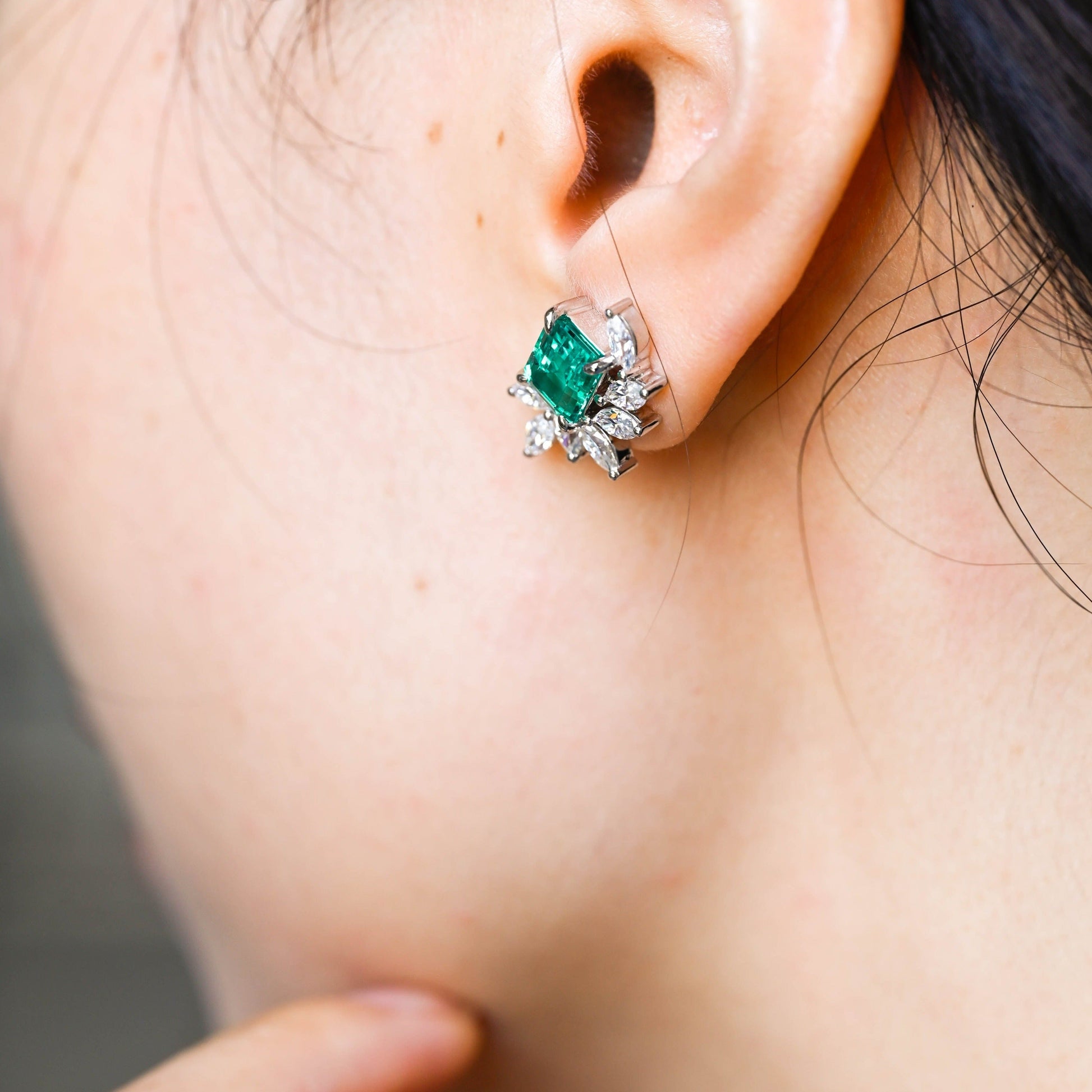 CausYou earrings CausYou Solid Gold Lab Grown Emerald Earrings Studs, Marquise Accents Moissanite Earrings, Accessories for Women Wife