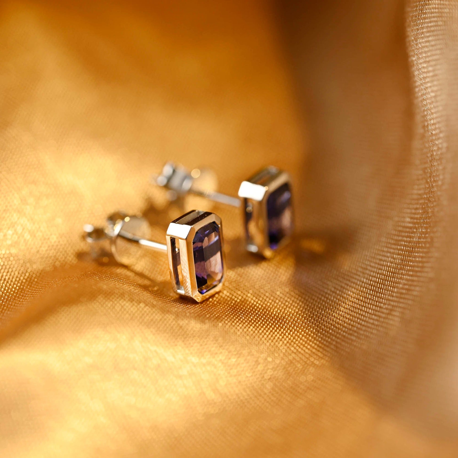 CausYou earrings CausYou Solid Gold Lab Grown Sapphire Earrings Studs, Bezel Emerald Cut Earrings Wedding Studs for Women Wife